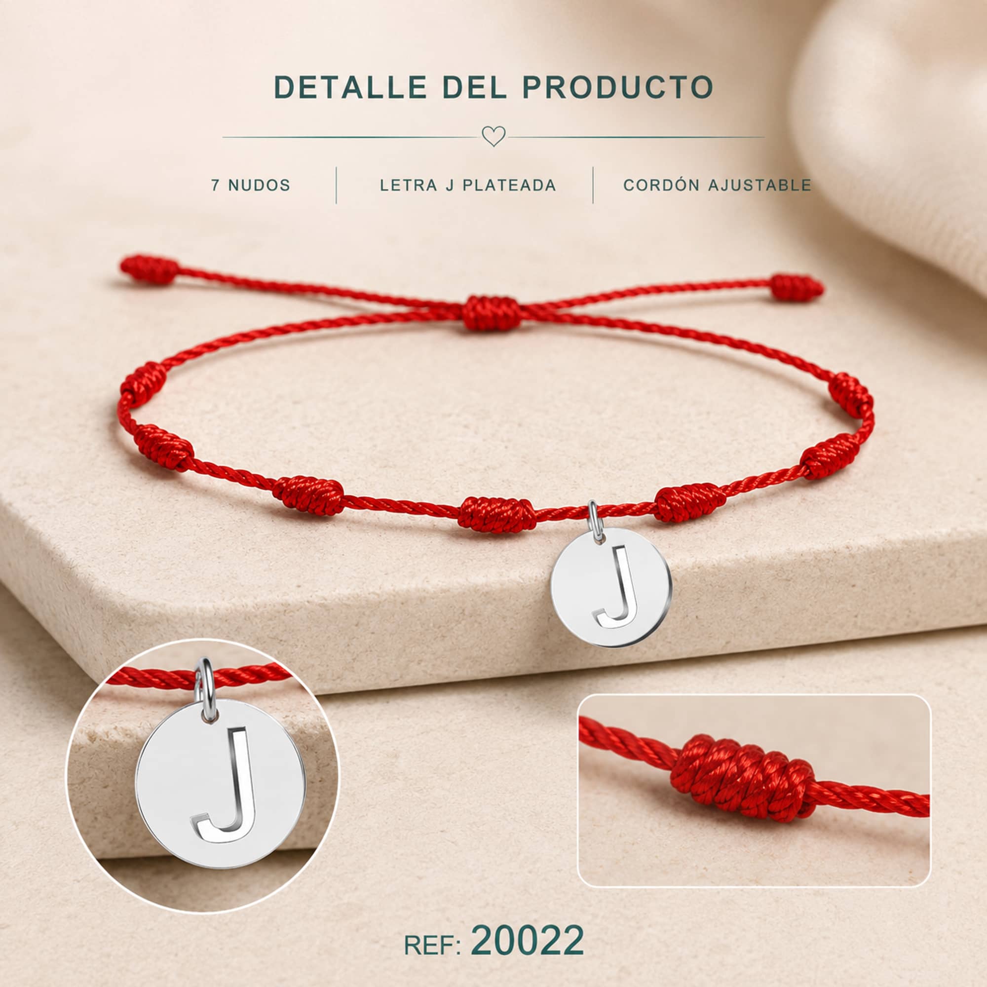 PULSERA 7 NUDOS CON LETRA J COLOR PLATEADO