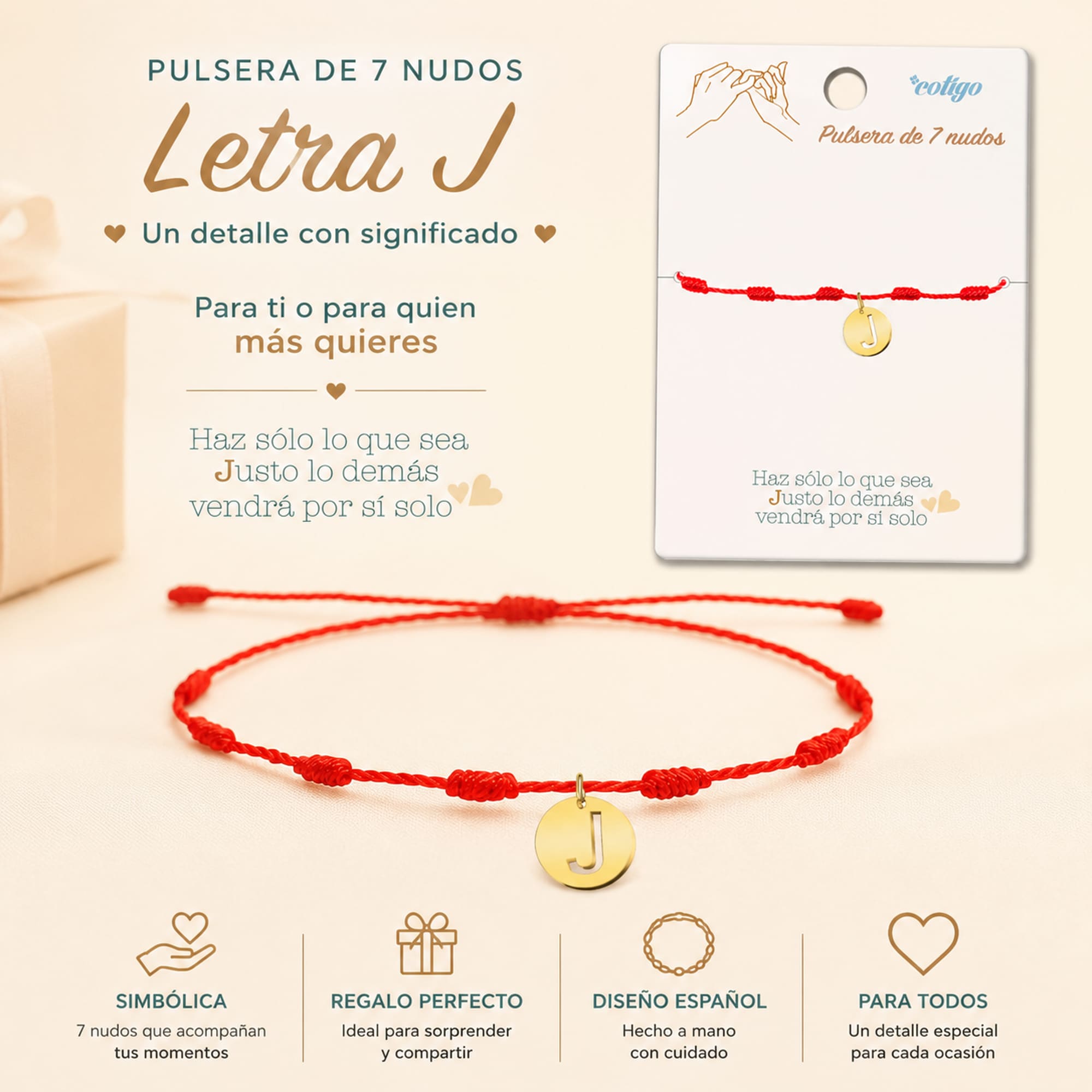 PULSERA 7 NUDOS CON LETRA J COLOR DORADO