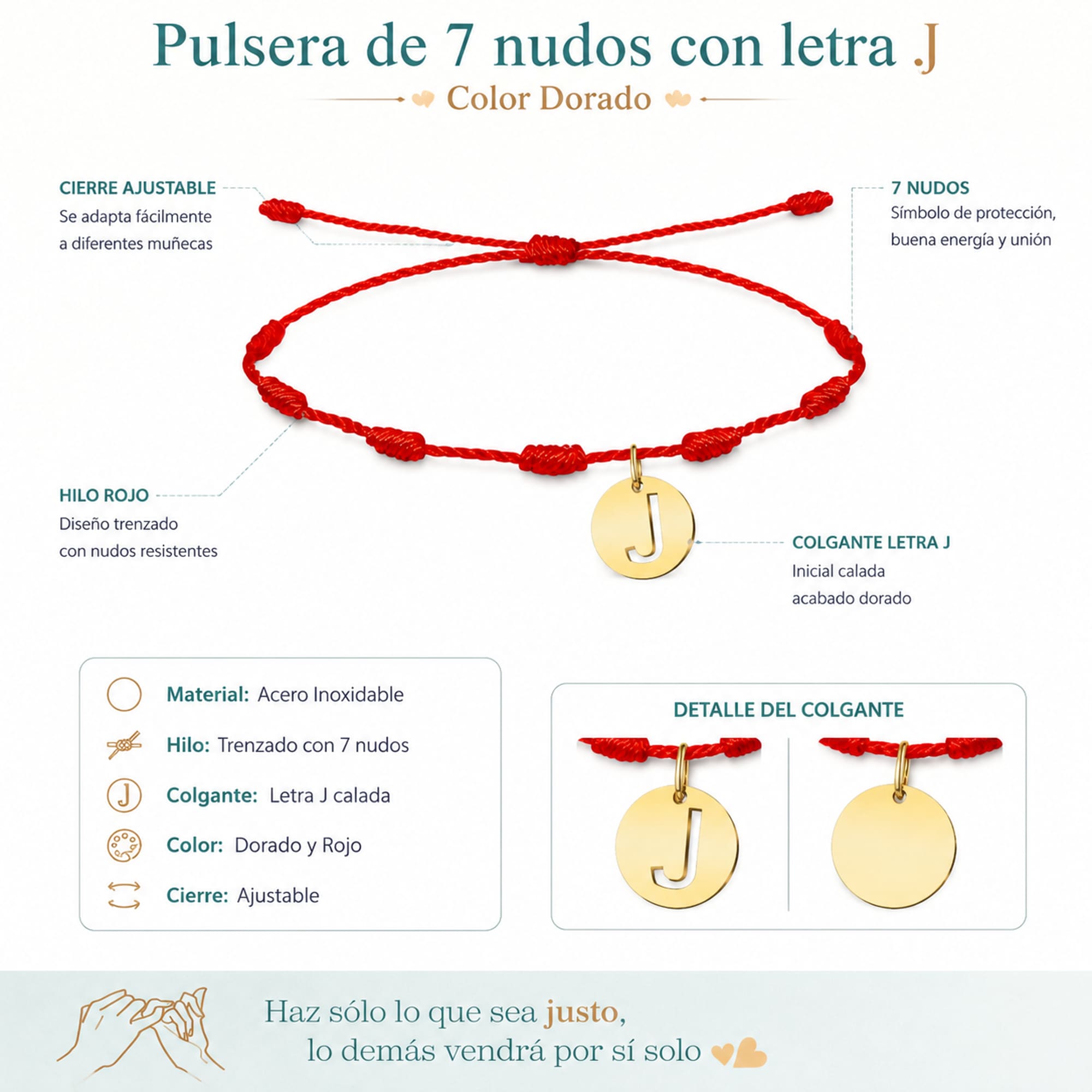 PULSERA 7 NUDOS CON LETRA J COLOR DORADO