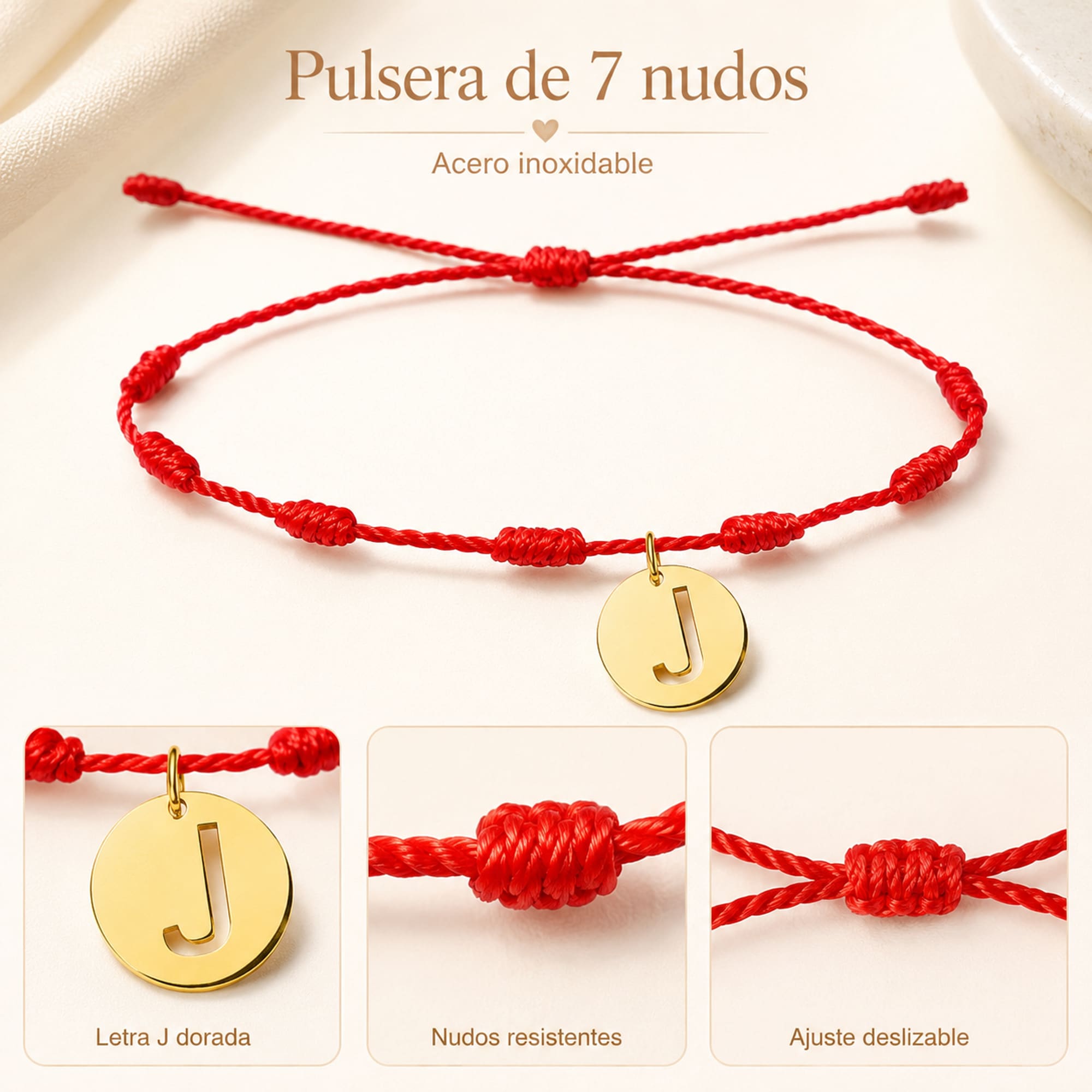PULSERA 7 NUDOS CON LETRA J COLOR DORADO