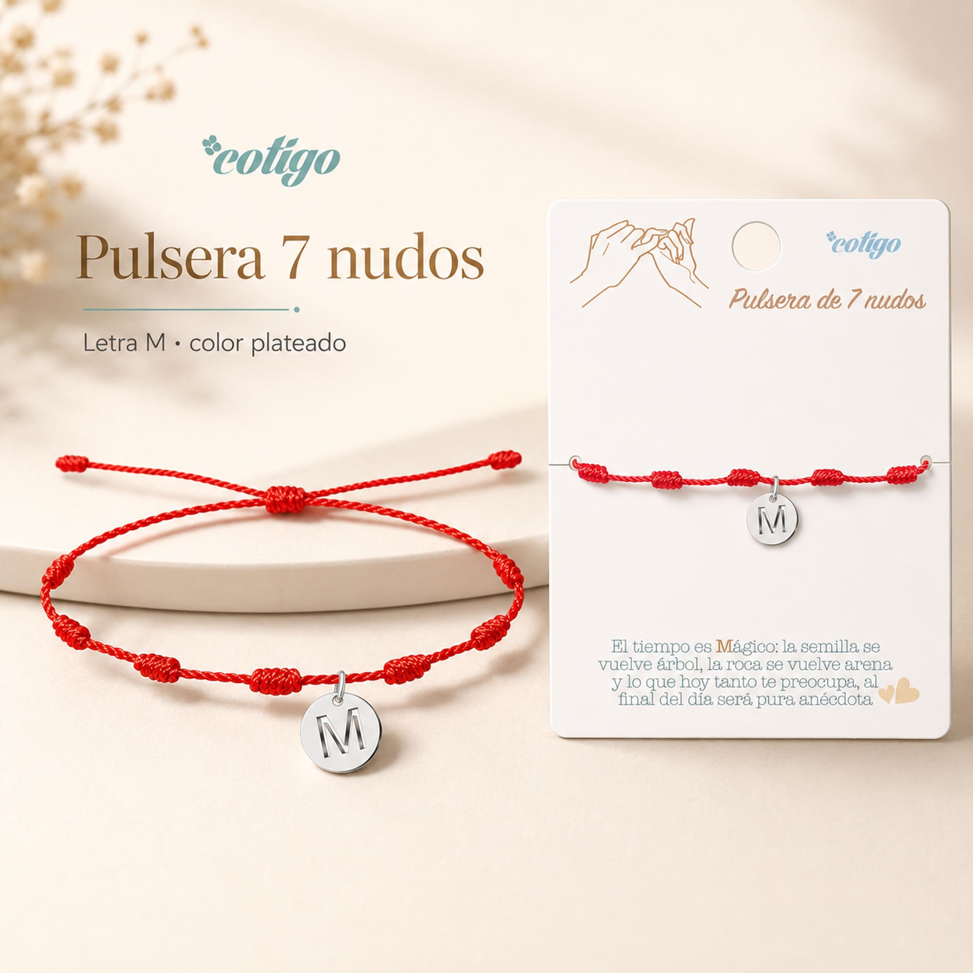 PULSERA 7 NUDOS CON LETRA M COLOR PLATEADO