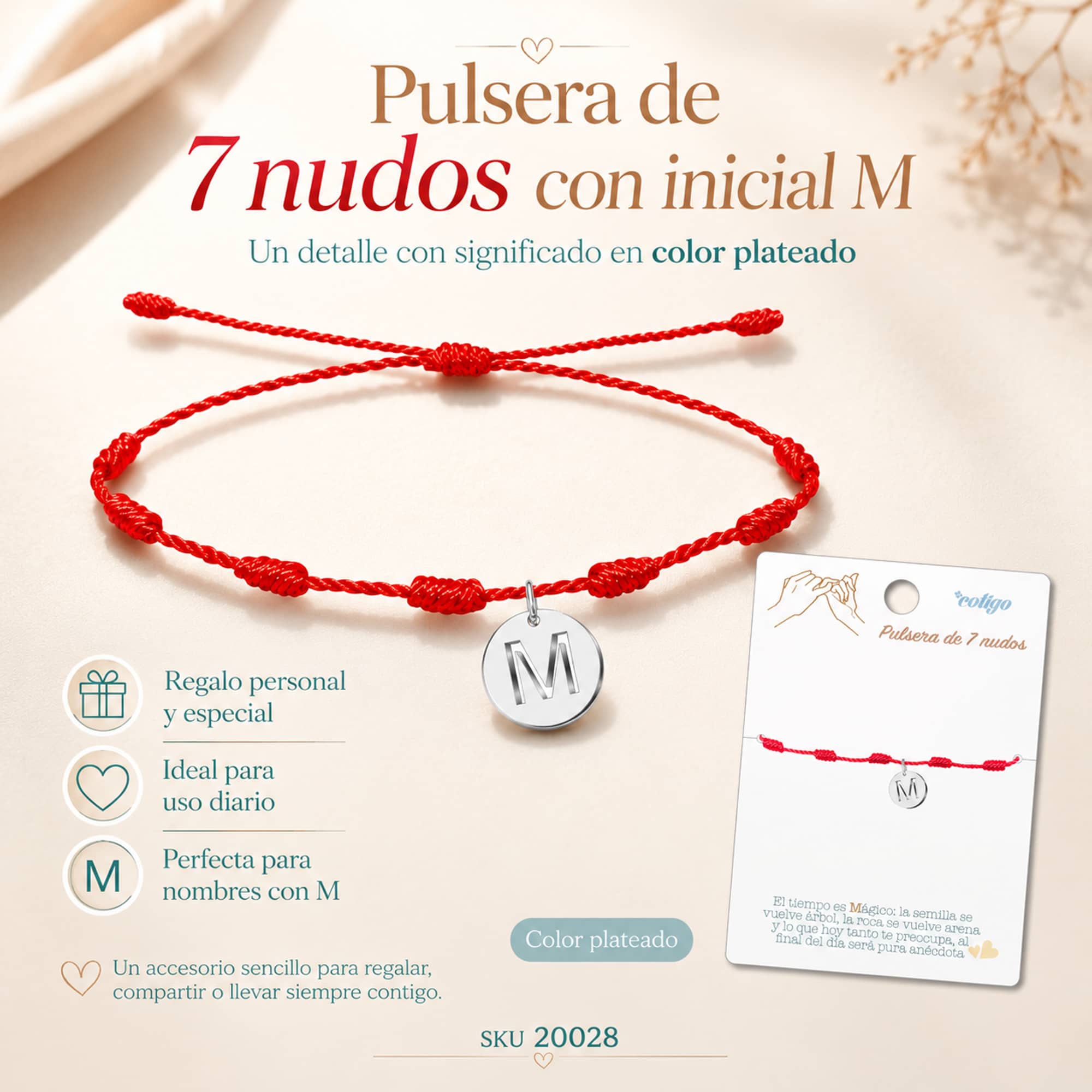 PULSERA 7 NUDOS CON LETRA M COLOR PLATEADO
