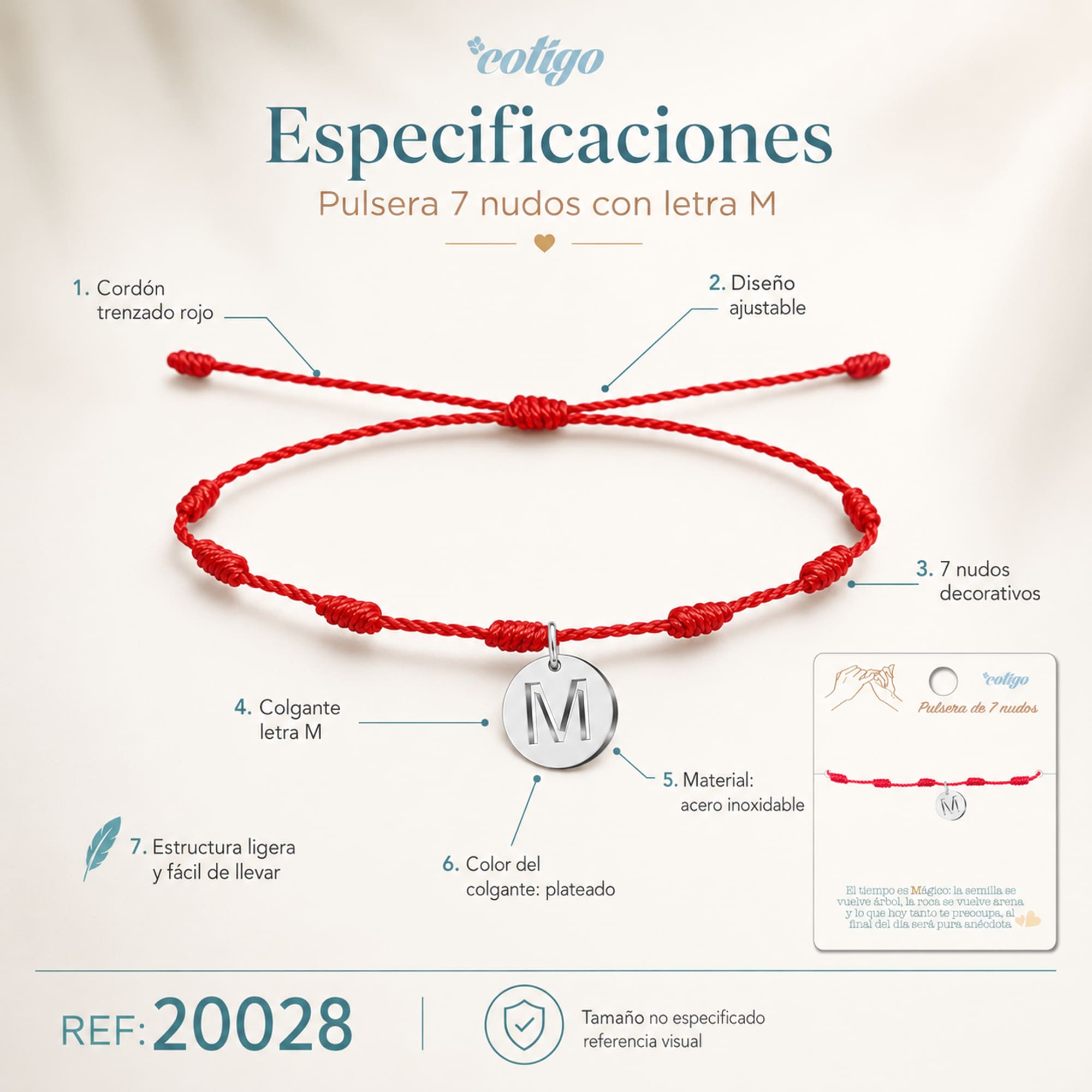 PULSERA 7 NUDOS CON LETRA M COLOR PLATEADO