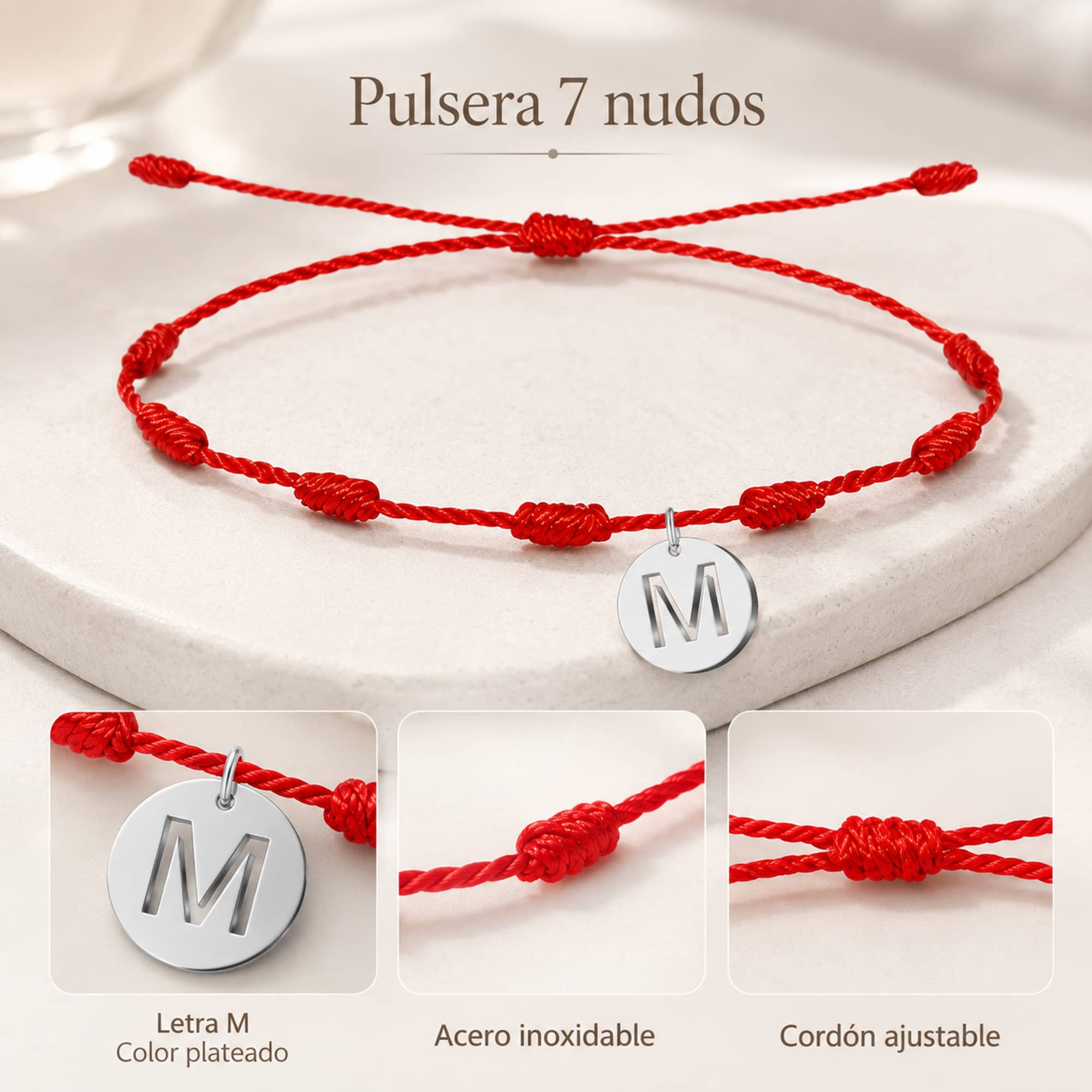 PULSERA 7 NUDOS CON LETRA M COLOR PLATEADO