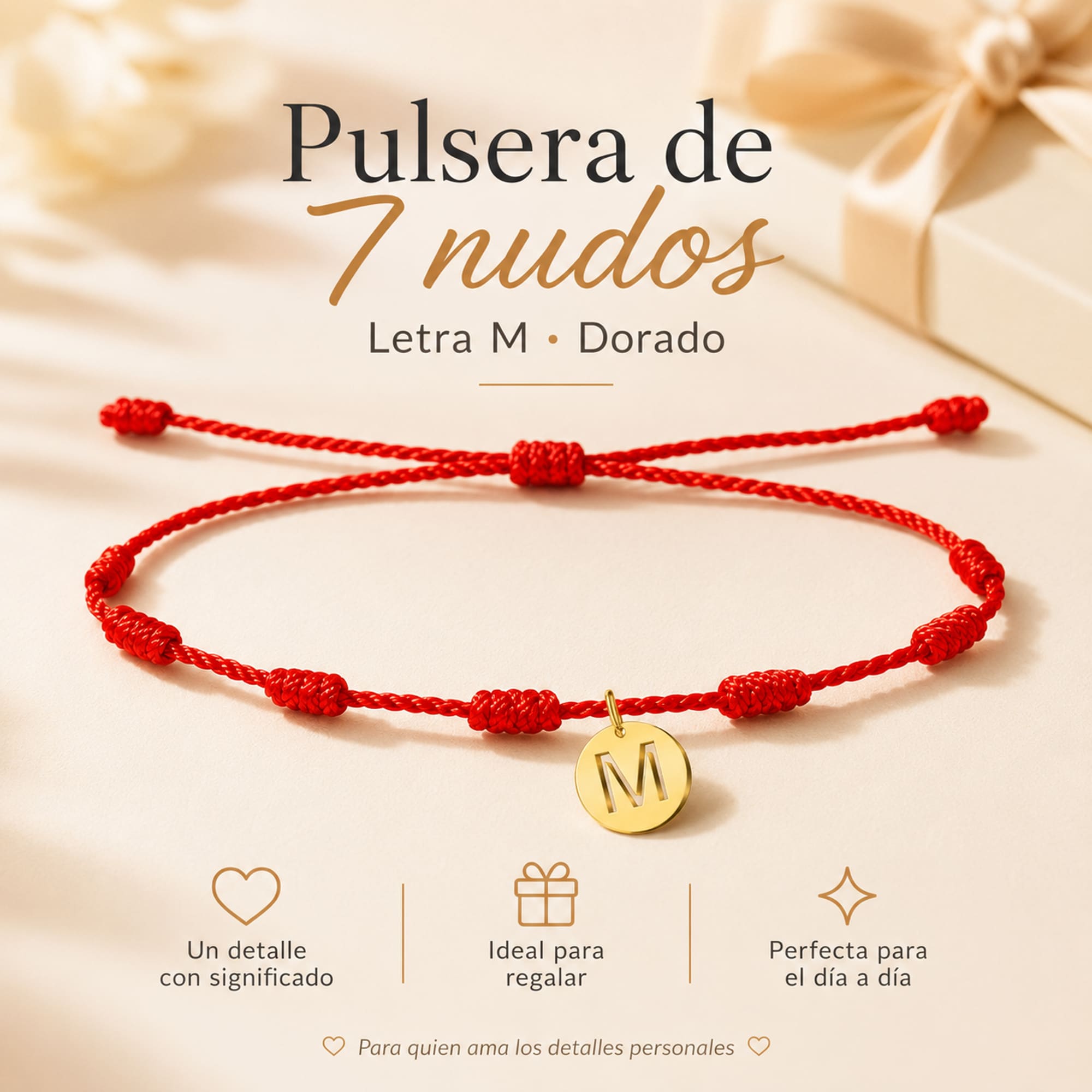 PULSERA 7 NUDOS CON LETRA M COLOR DORADO