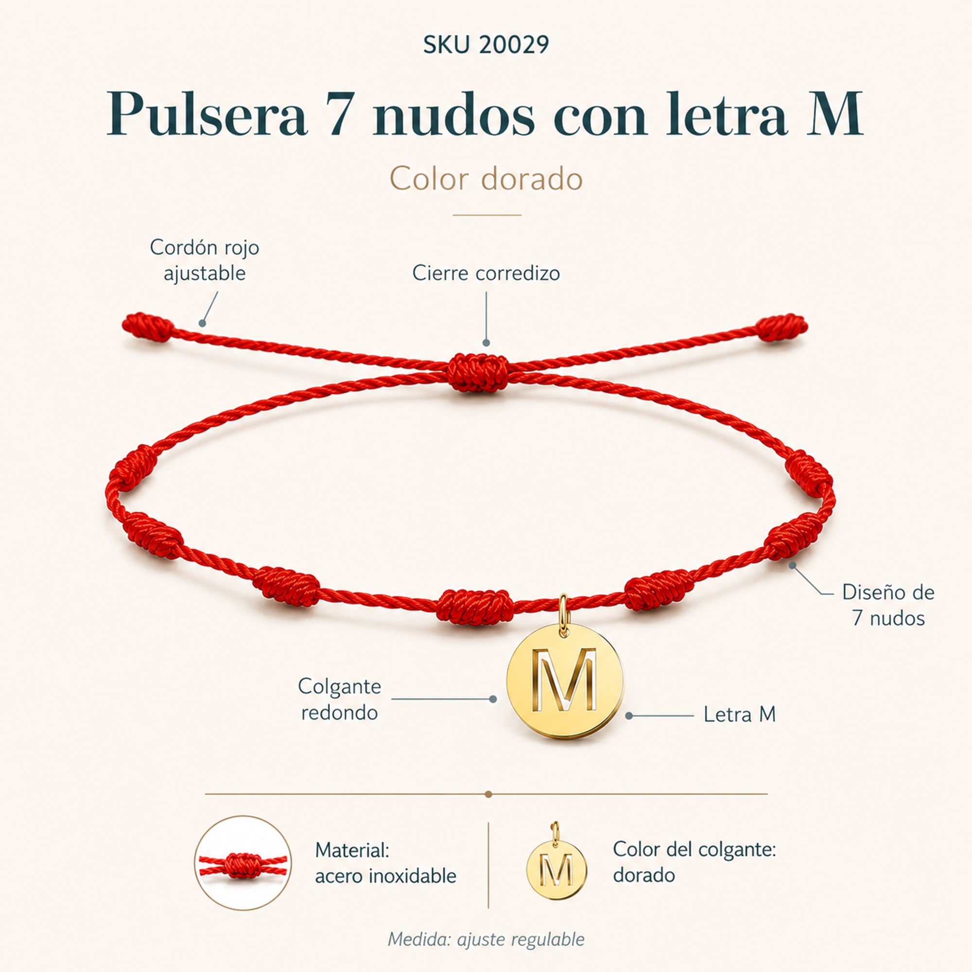 PULSERA 7 NUDOS CON LETRA M COLOR DORADO