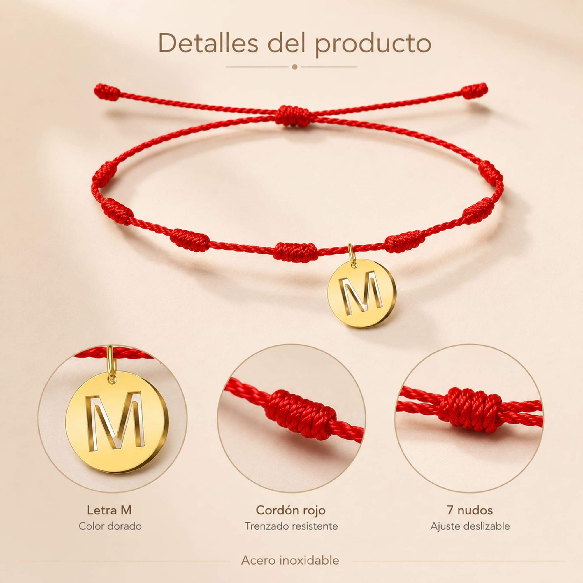 PULSERA 7 NUDOS CON LETRA M COLOR DORADO