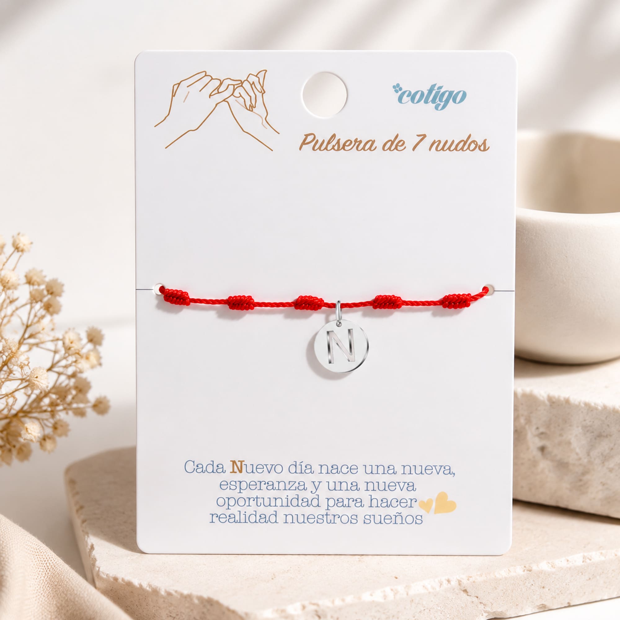 PULSERA 7 NUDOS CON LETRA N COLOR PLATEADO