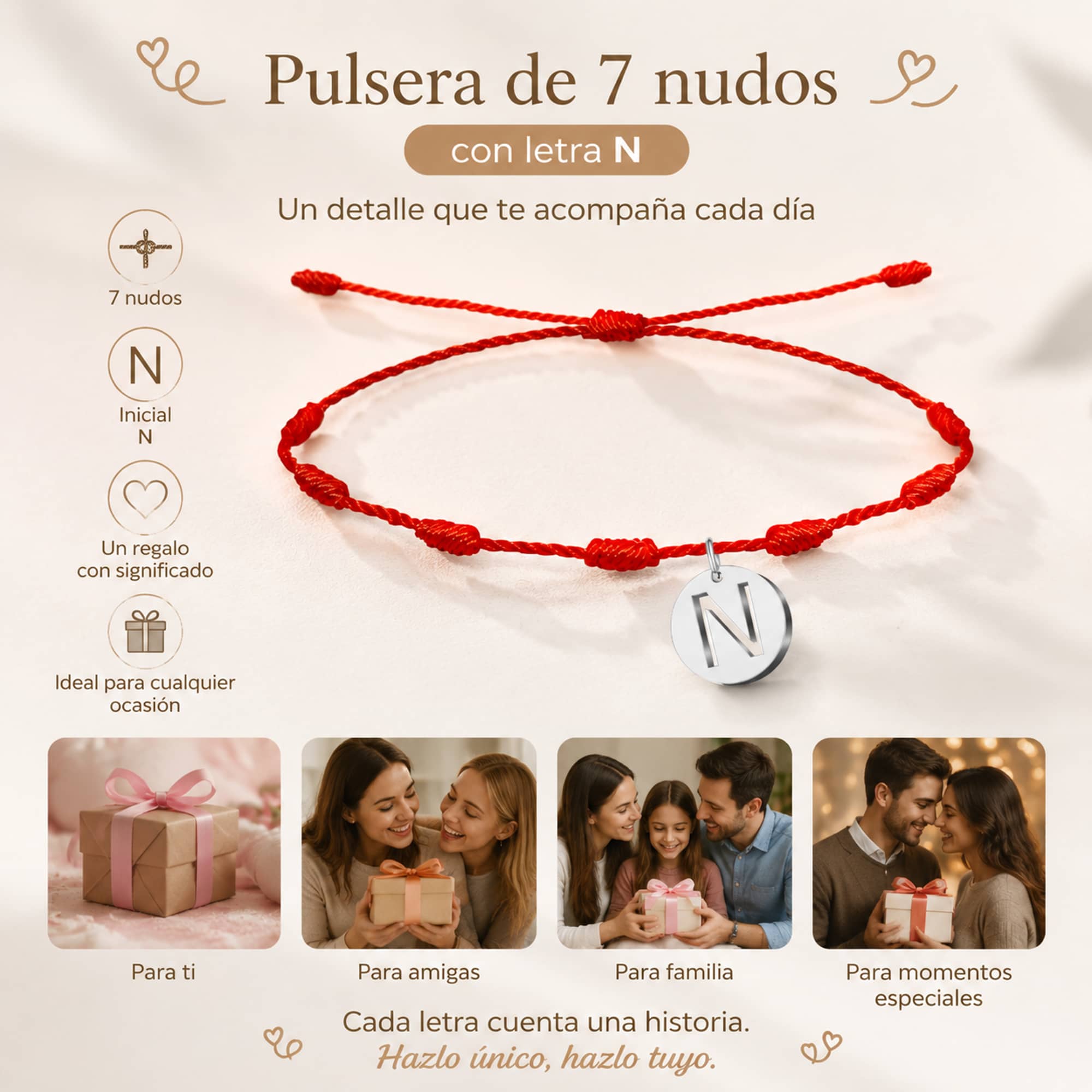 PULSERA 7 NUDOS CON LETRA N COLOR PLATEADO
