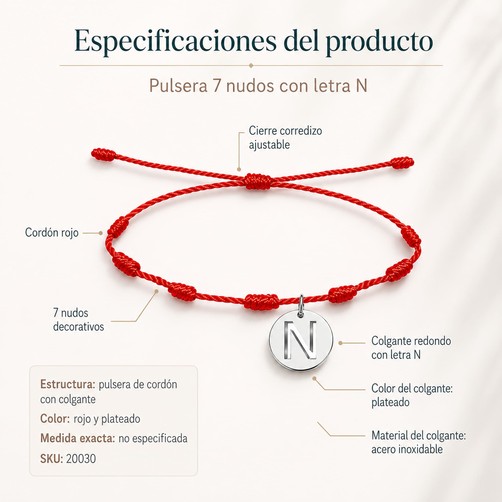 PULSERA 7 NUDOS CON LETRA N COLOR PLATEADO