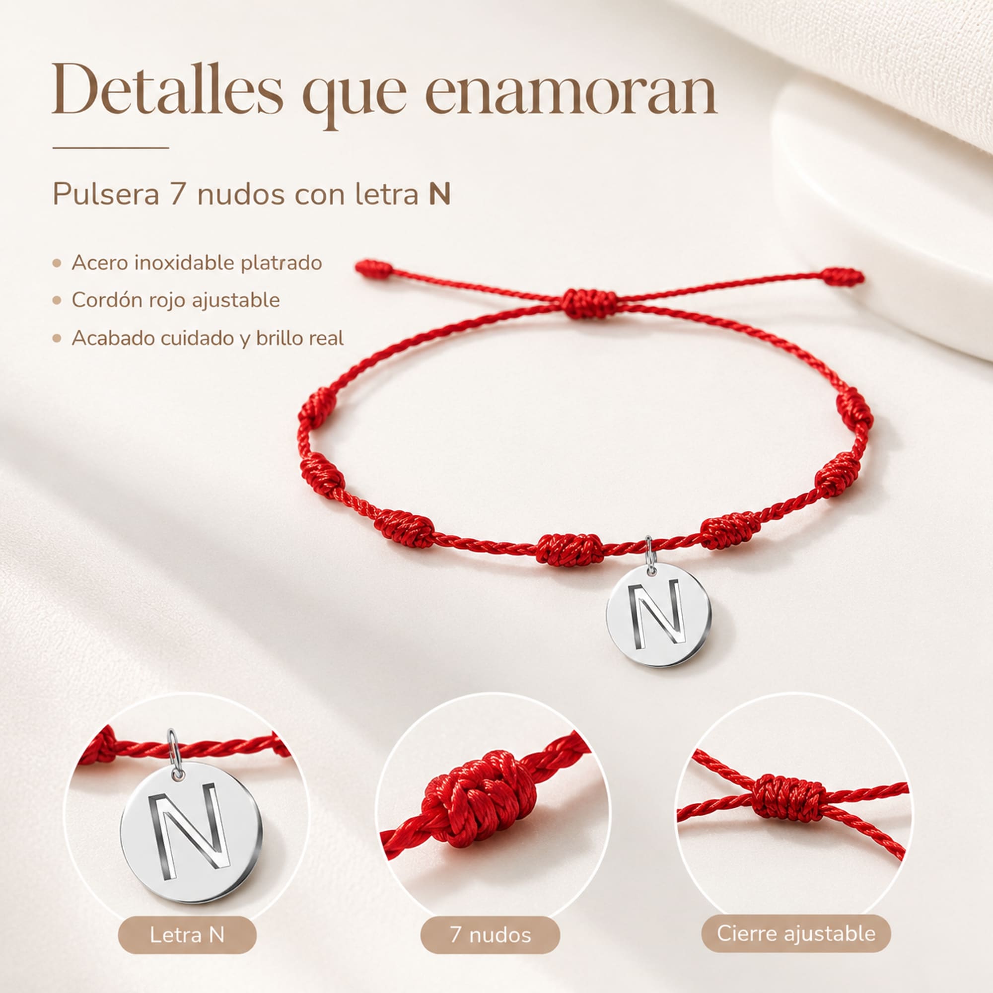 PULSERA 7 NUDOS CON LETRA N COLOR PLATEADO