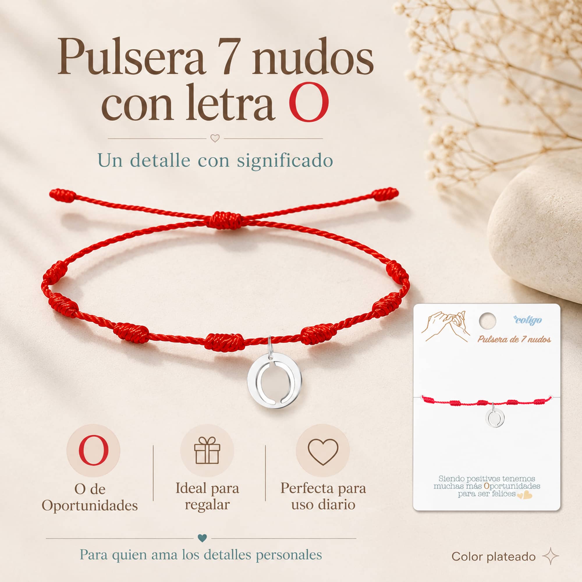 PULSERA 7 NUDOS CON LETRA O COLOR PLATEADO