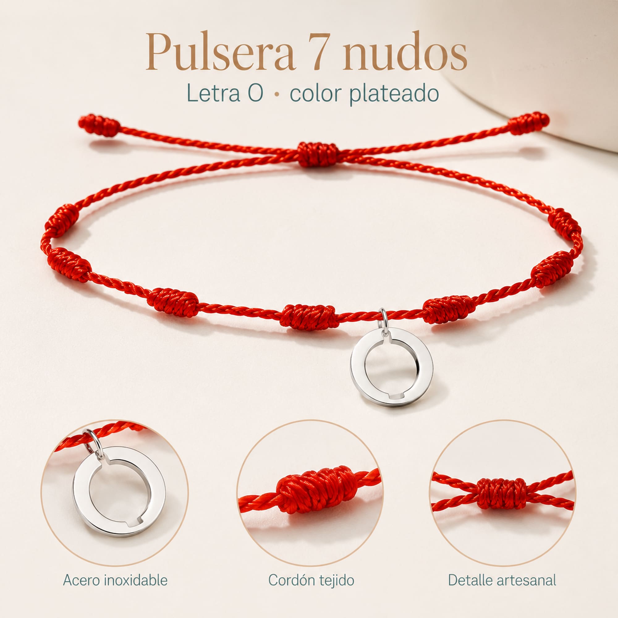 PULSERA 7 NUDOS CON LETRA O COLOR PLATEADO