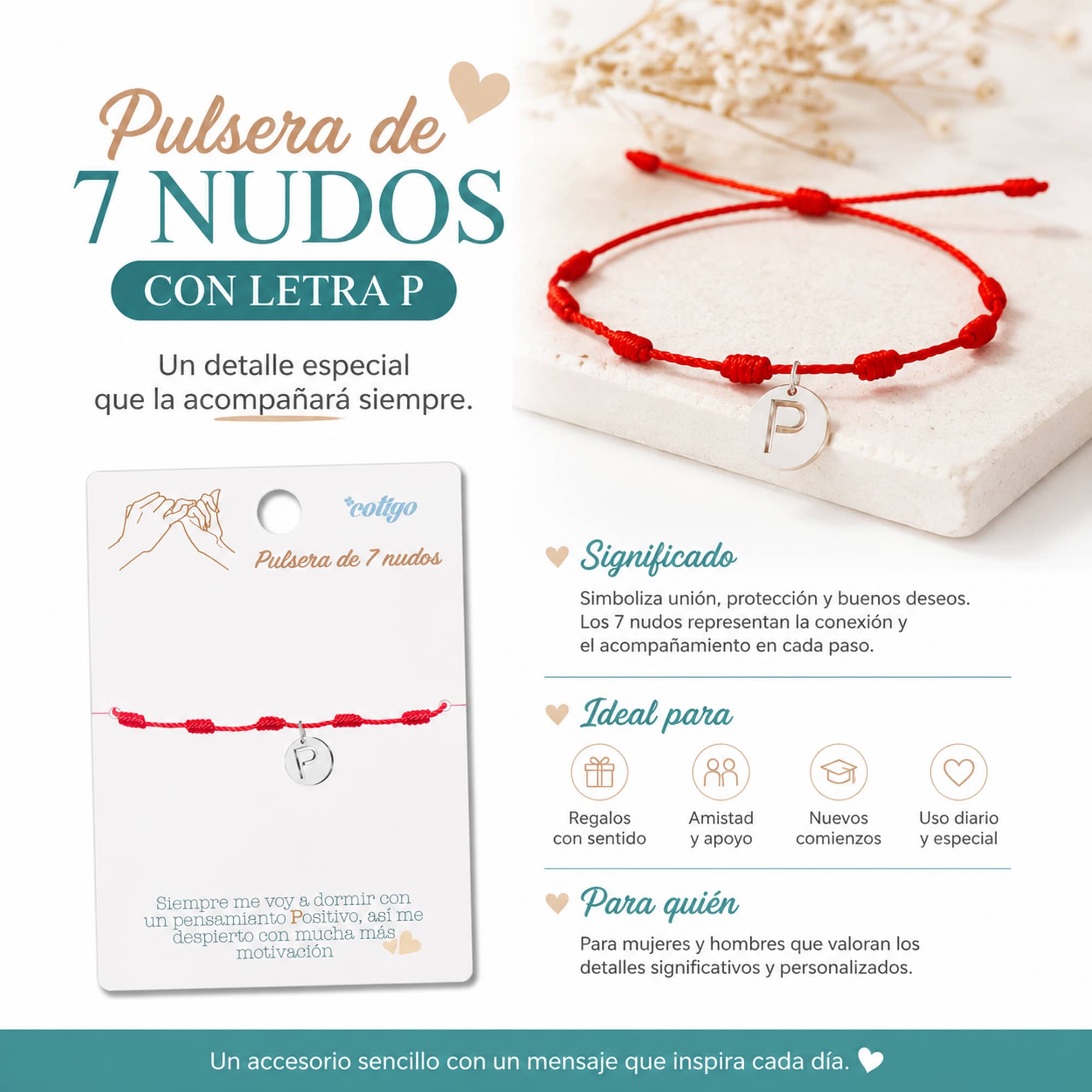PULSERA 7 NUDOS CON LETRA P COLOR PLATEADO
