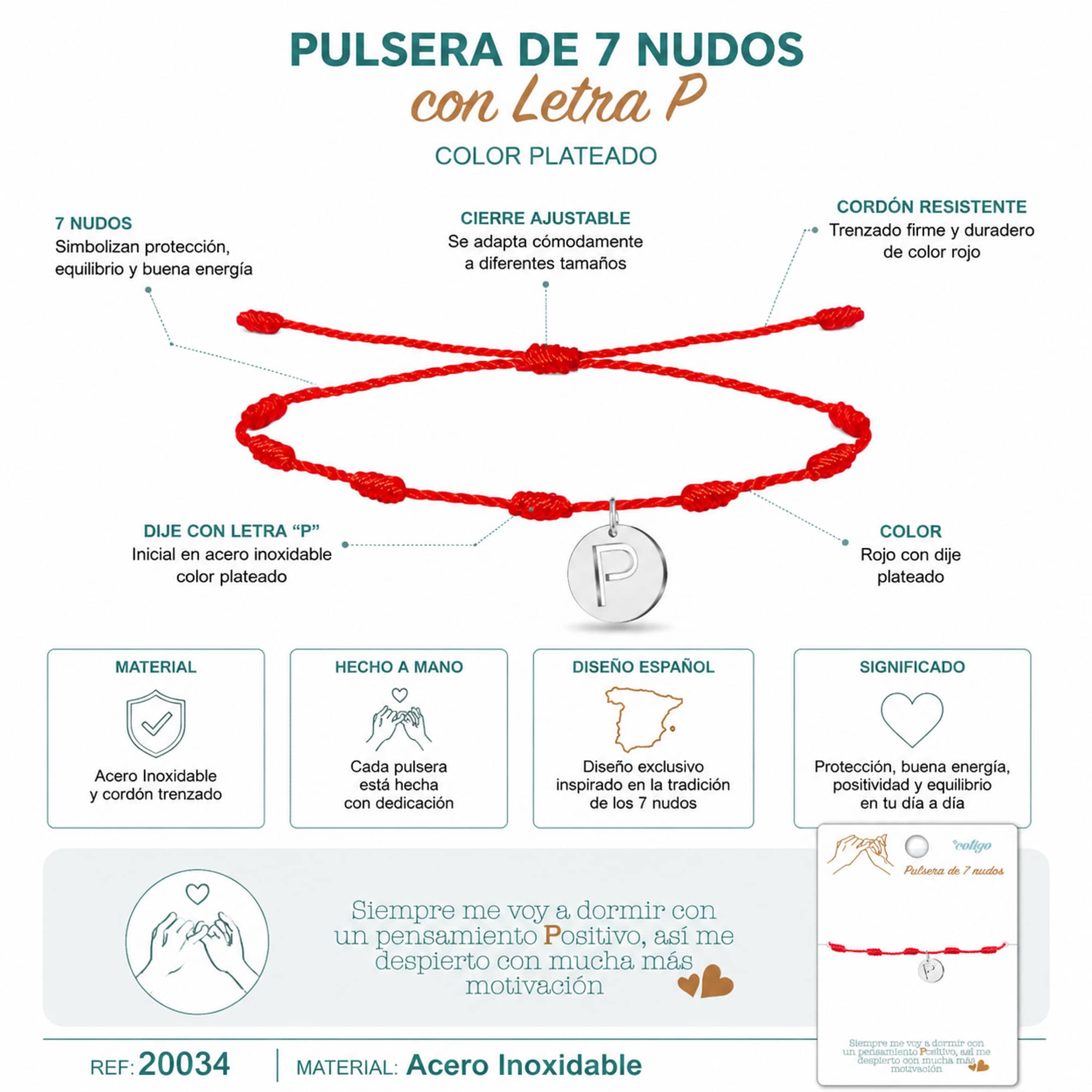 PULSERA 7 NUDOS CON LETRA P COLOR PLATEADO