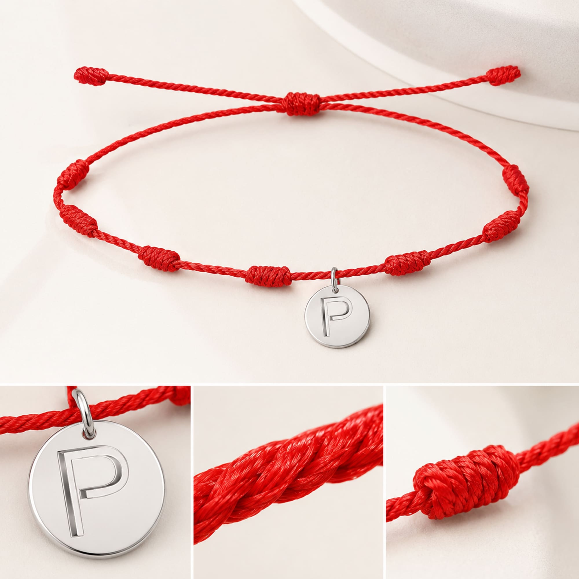 PULSERA 7 NUDOS CON LETRA P COLOR PLATEADO