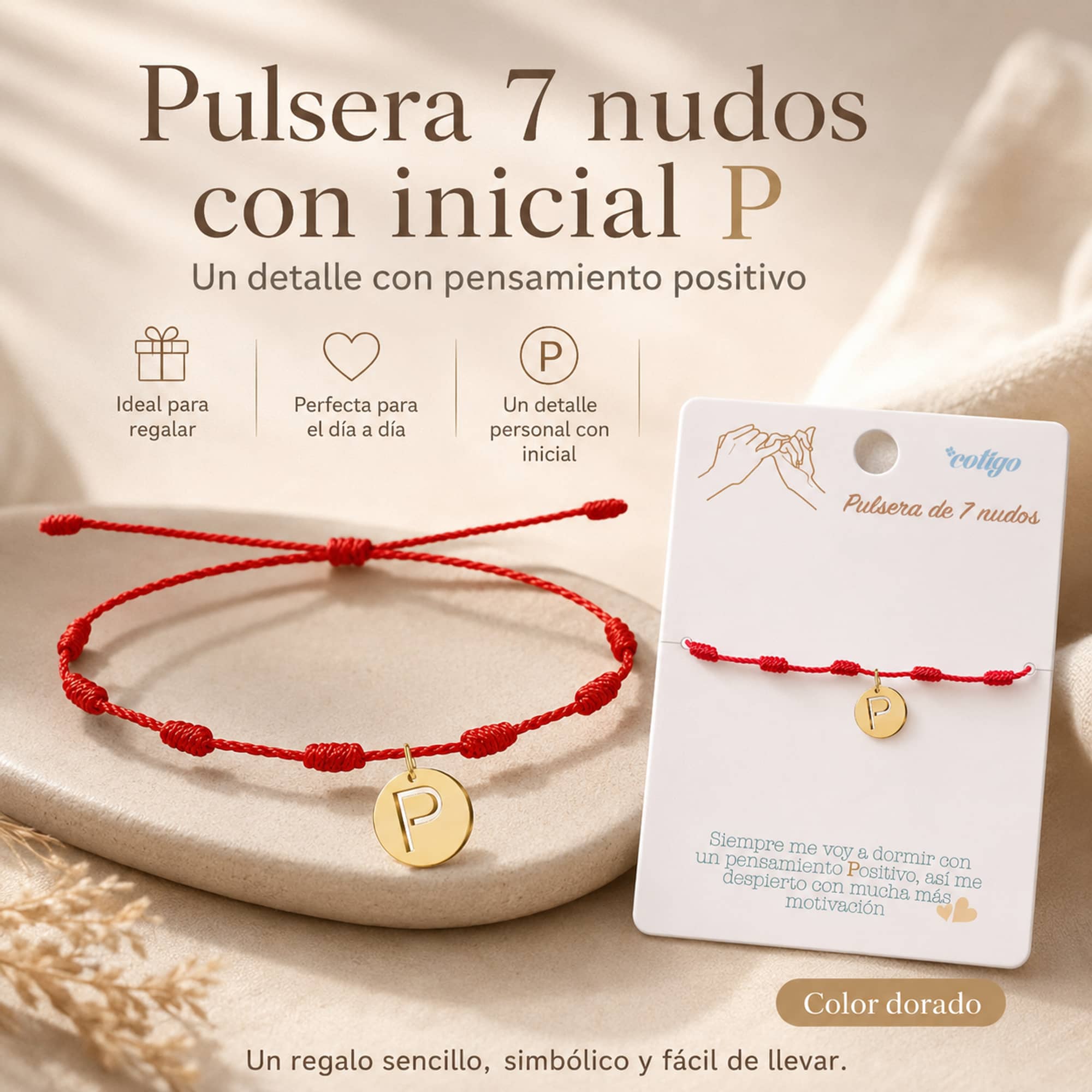 PULSERA 7 NUDOS CON LETRA P COLOR DORADO