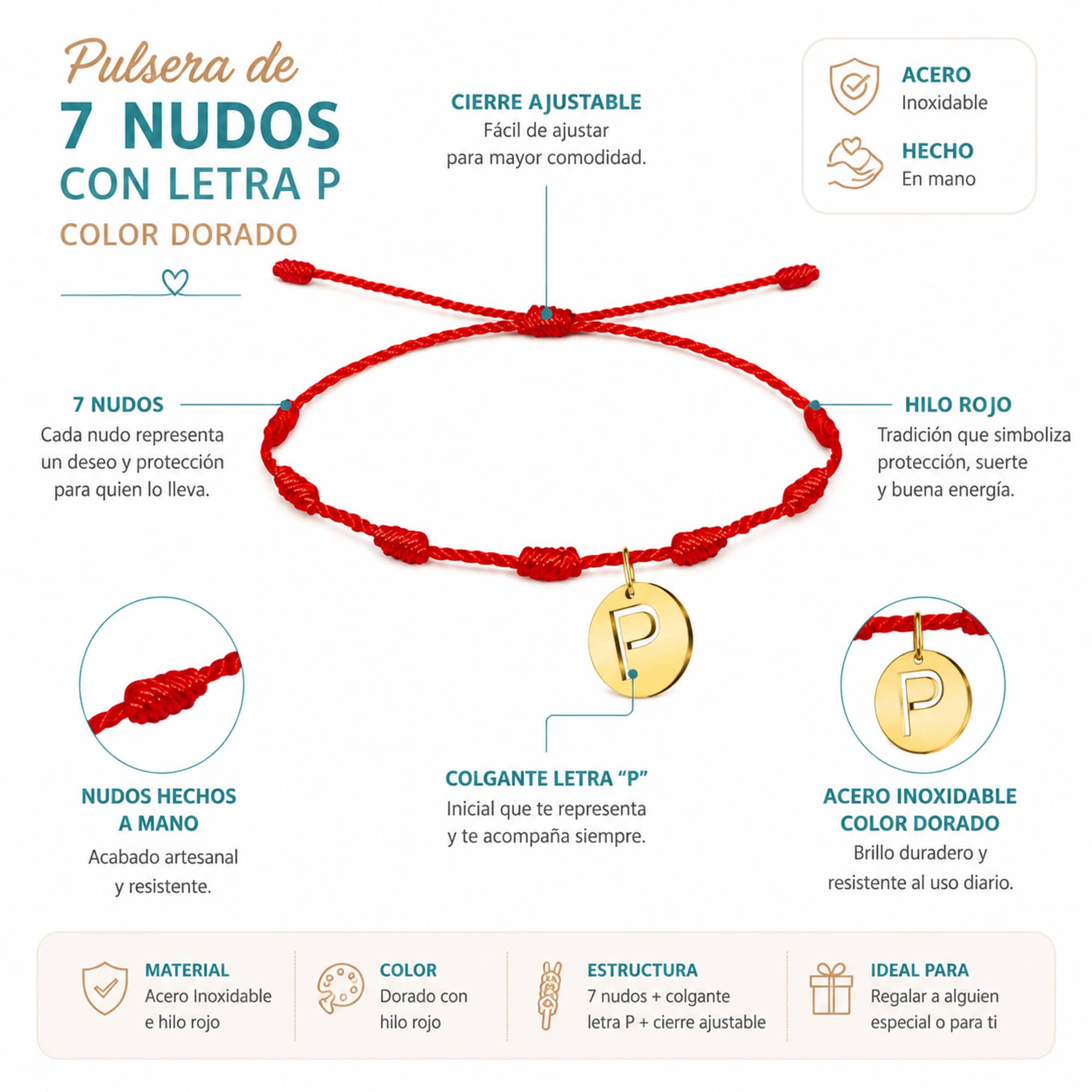 PULSERA 7 NUDOS CON LETRA P COLOR DORADO