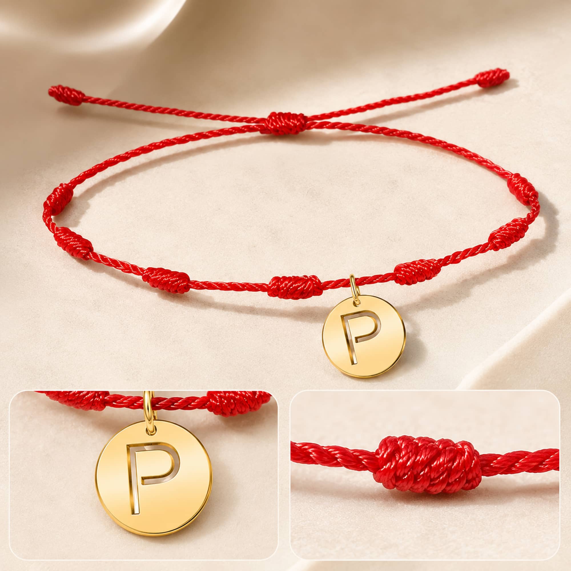 PULSERA 7 NUDOS CON LETRA P COLOR DORADO