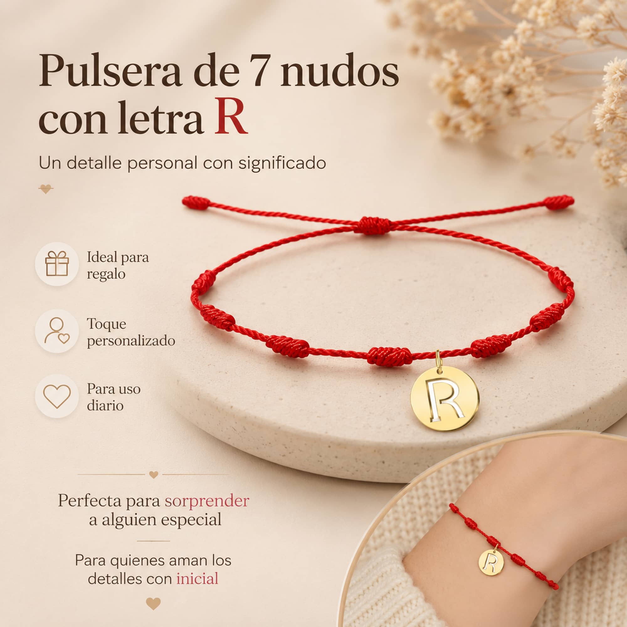 PULSERA 7 NUDOS CON LETRA R COLOR DORADO