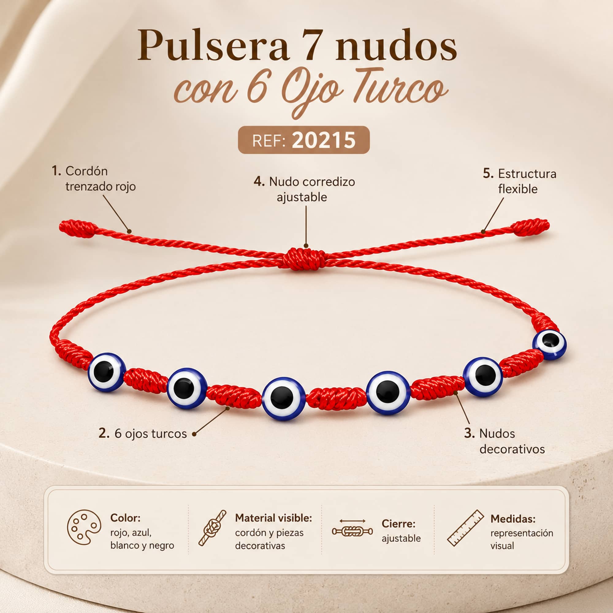 PULSERA 7 NUDOS CON 6 OJO DE TURCO
