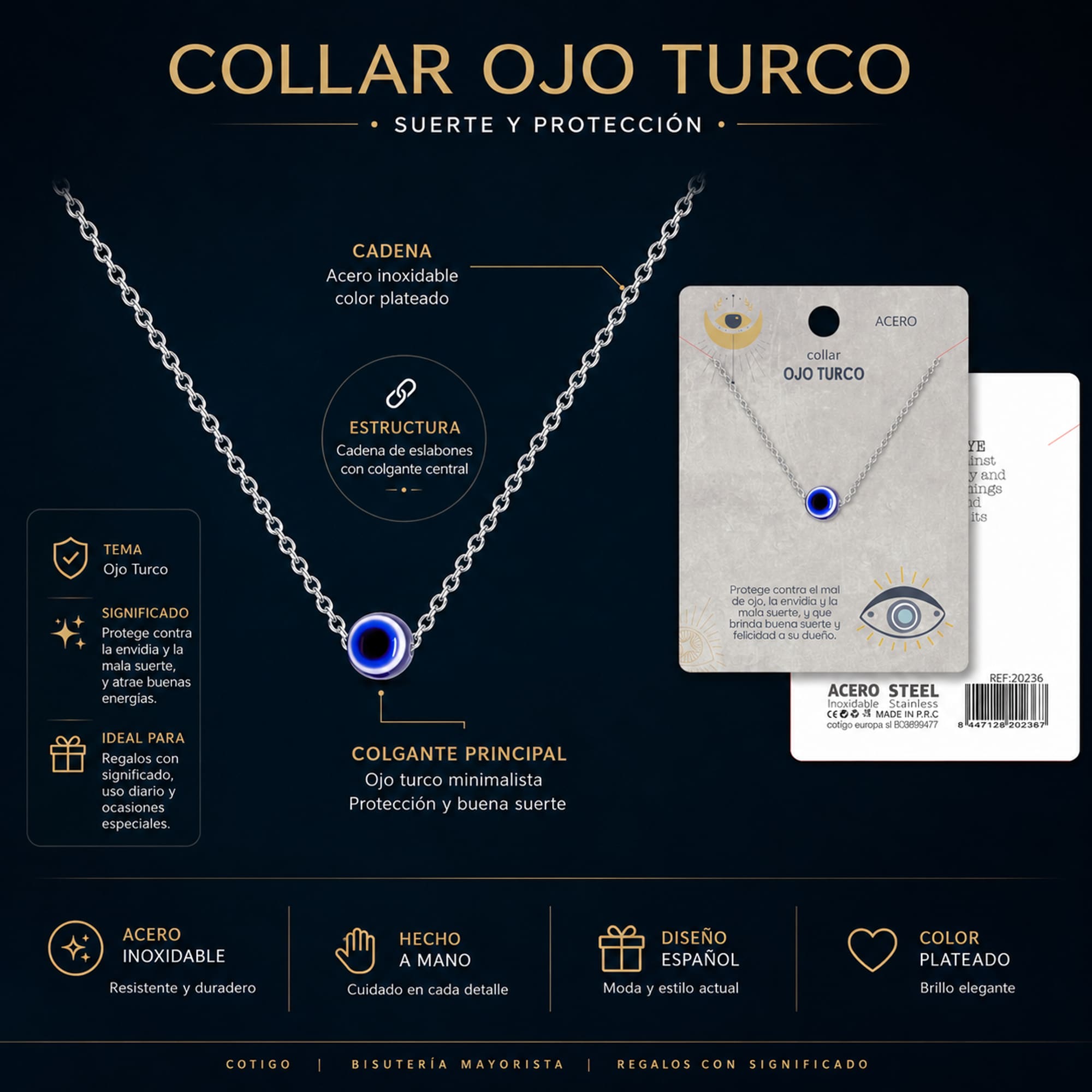 COLLAR OJO TURCO ACERO COLOR PLATEADO