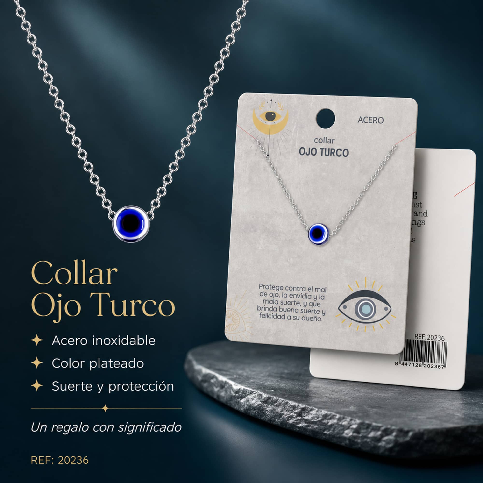 COLLAR OJO TURCO ACERO COLOR PLATEADO