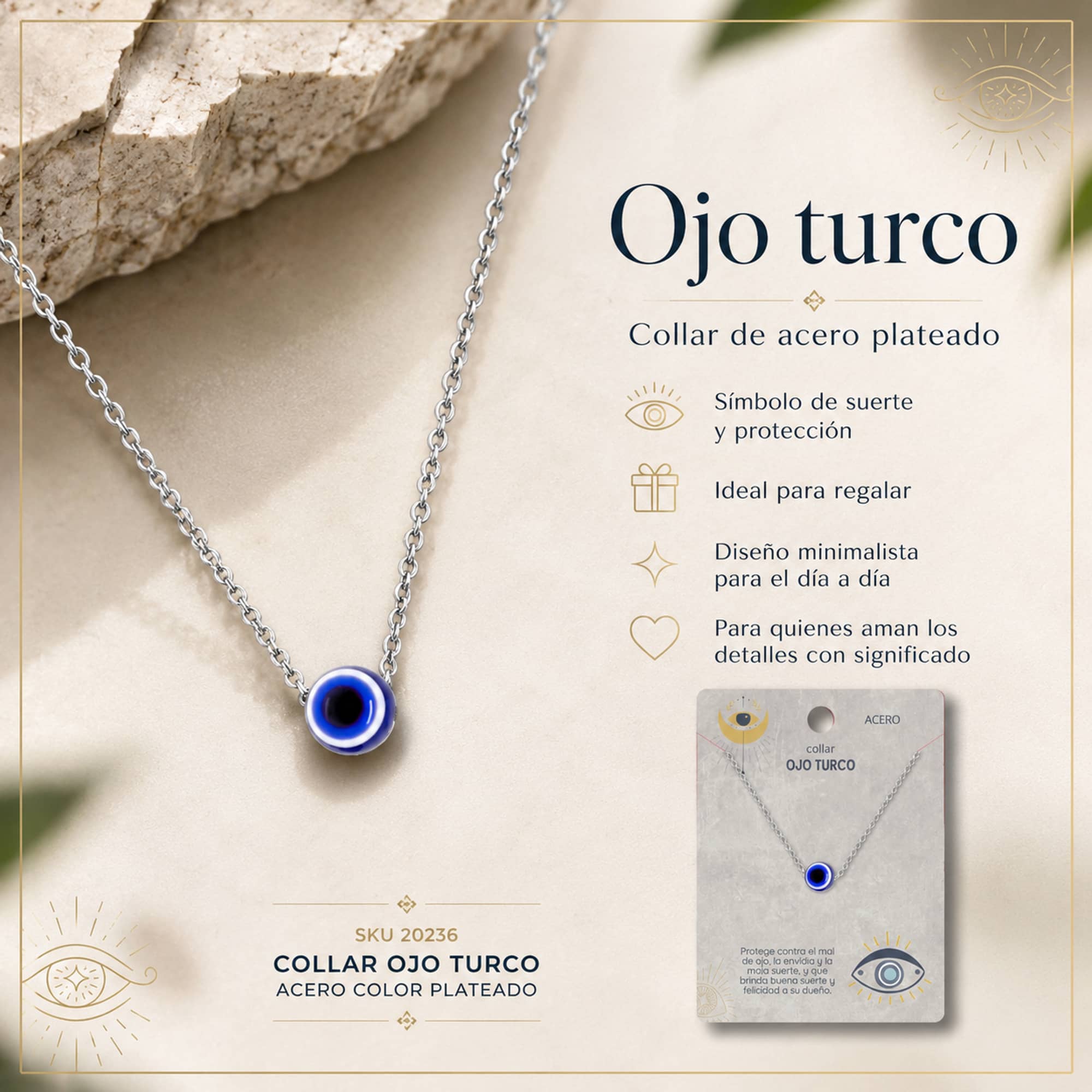 COLLAR OJO TURCO ACERO COLOR PLATEADO