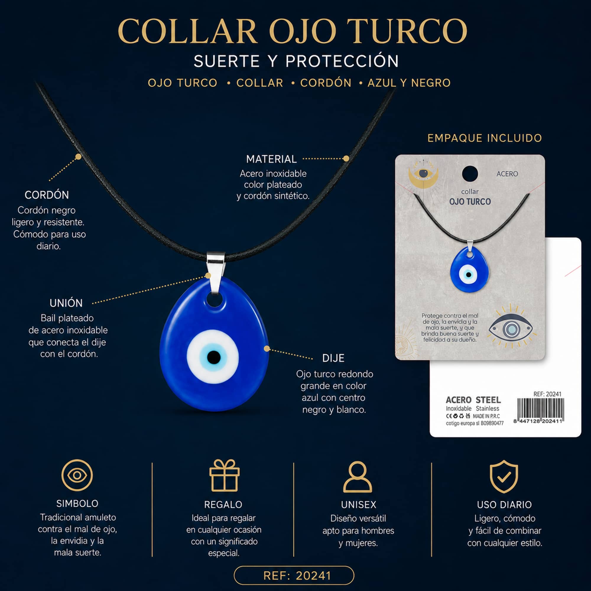 COLLAR OJO TURCO ACERO COLOR PLATEADO