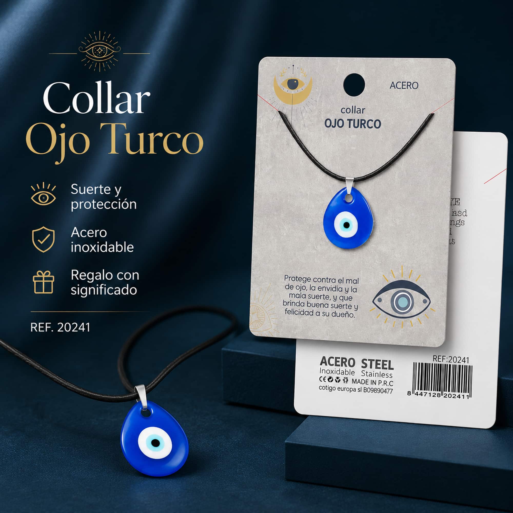 COLLAR OJO TURCO ACERO COLOR PLATEADO