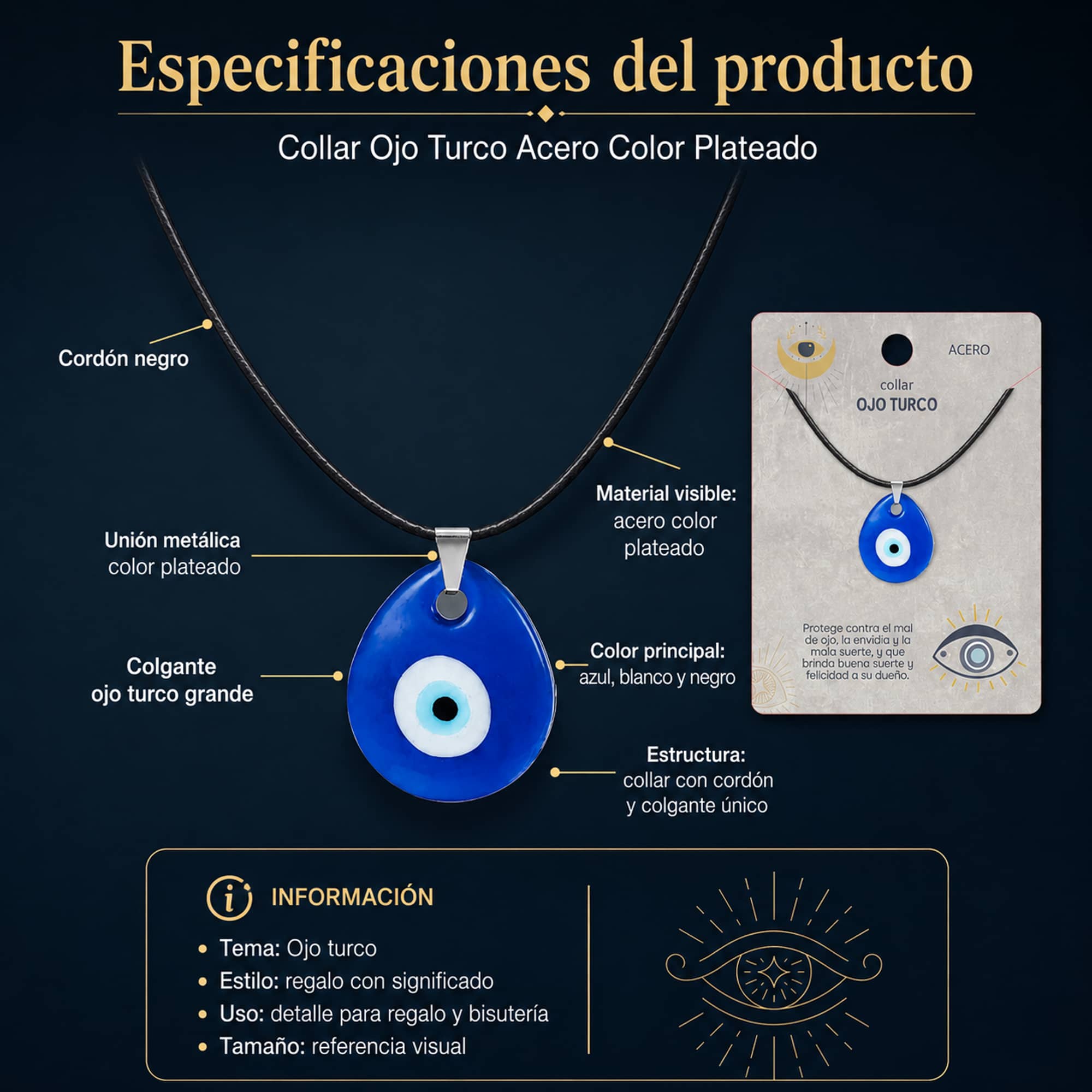 COLLAR OJO TURCO ACERO COLOR PLATEADO
