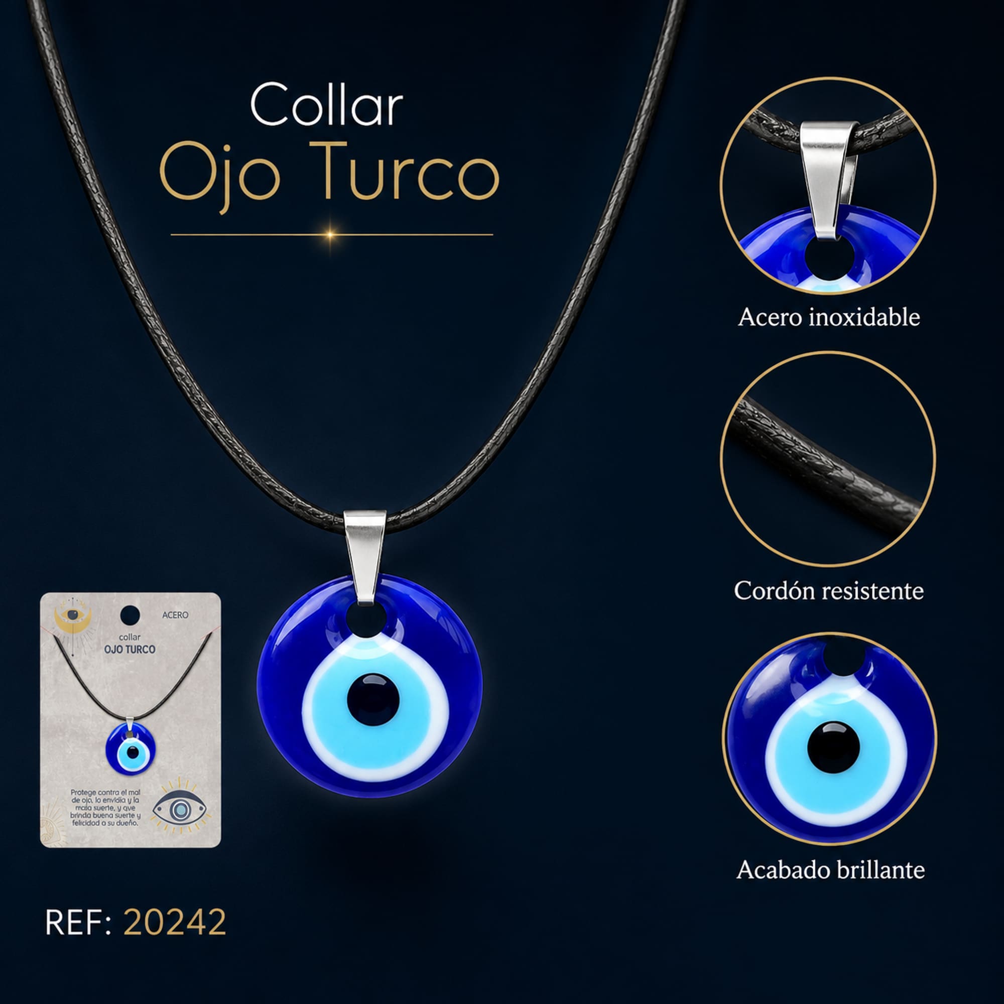 COLLAR OJO TURCO ACERO COLOR PLATEADO