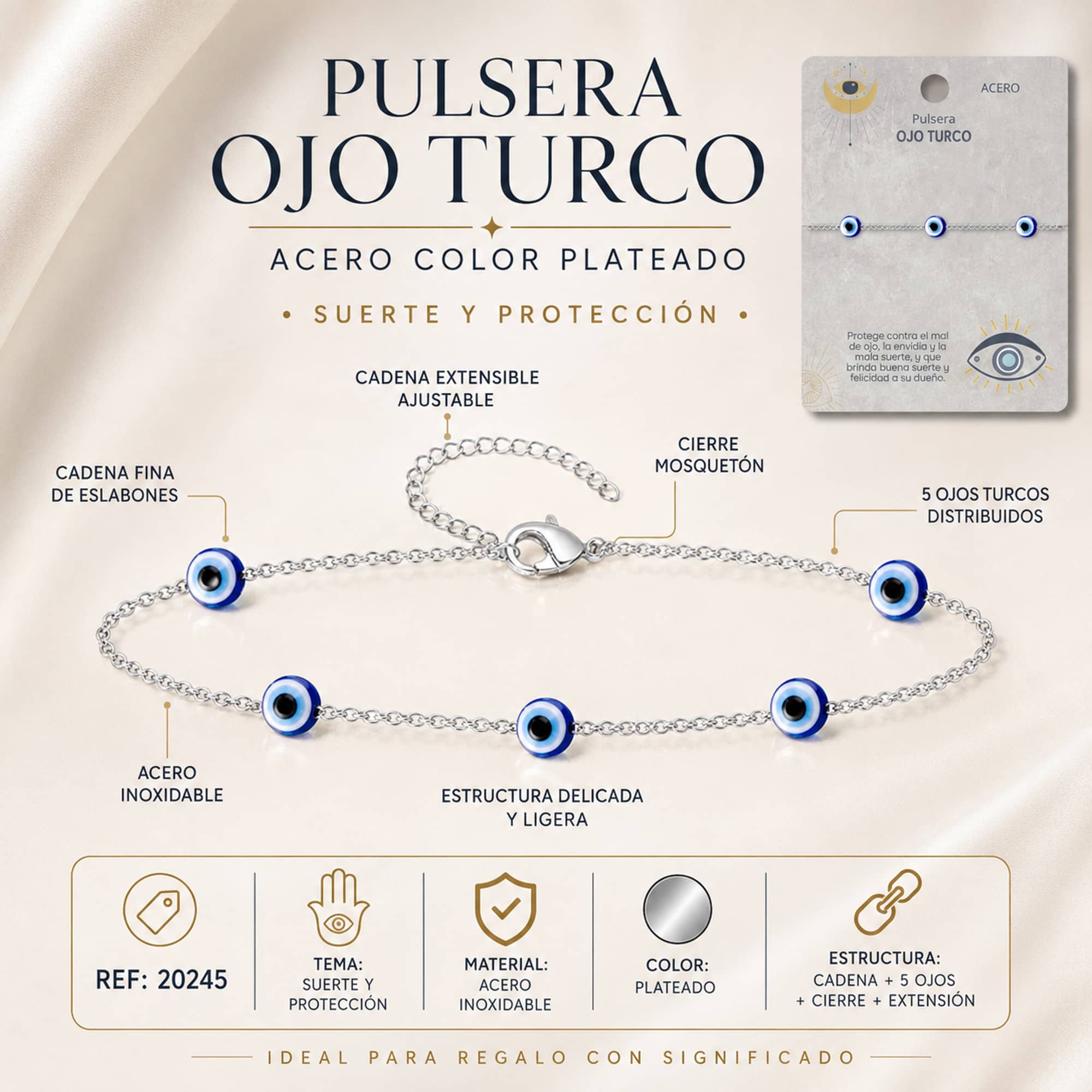 PULSERA OJO TURCO ACERO COLOR PLATEADO