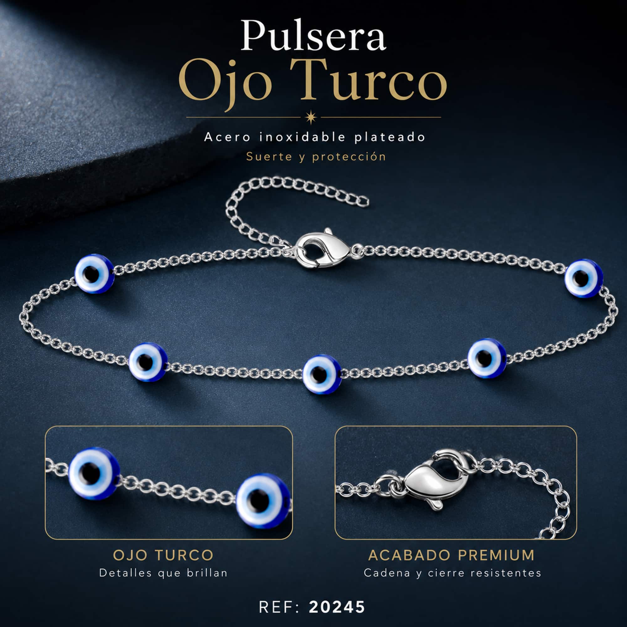 PULSERA OJO TURCO ACERO COLOR PLATEADO