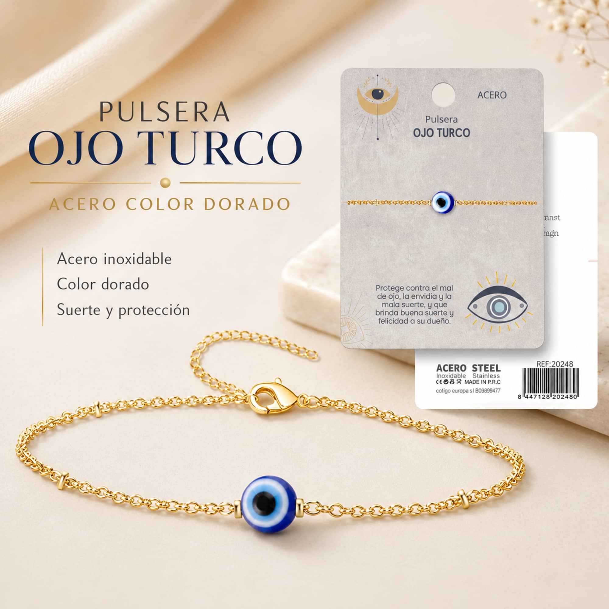 PULSERA OJO TURCO ACERO COLOR DORADO