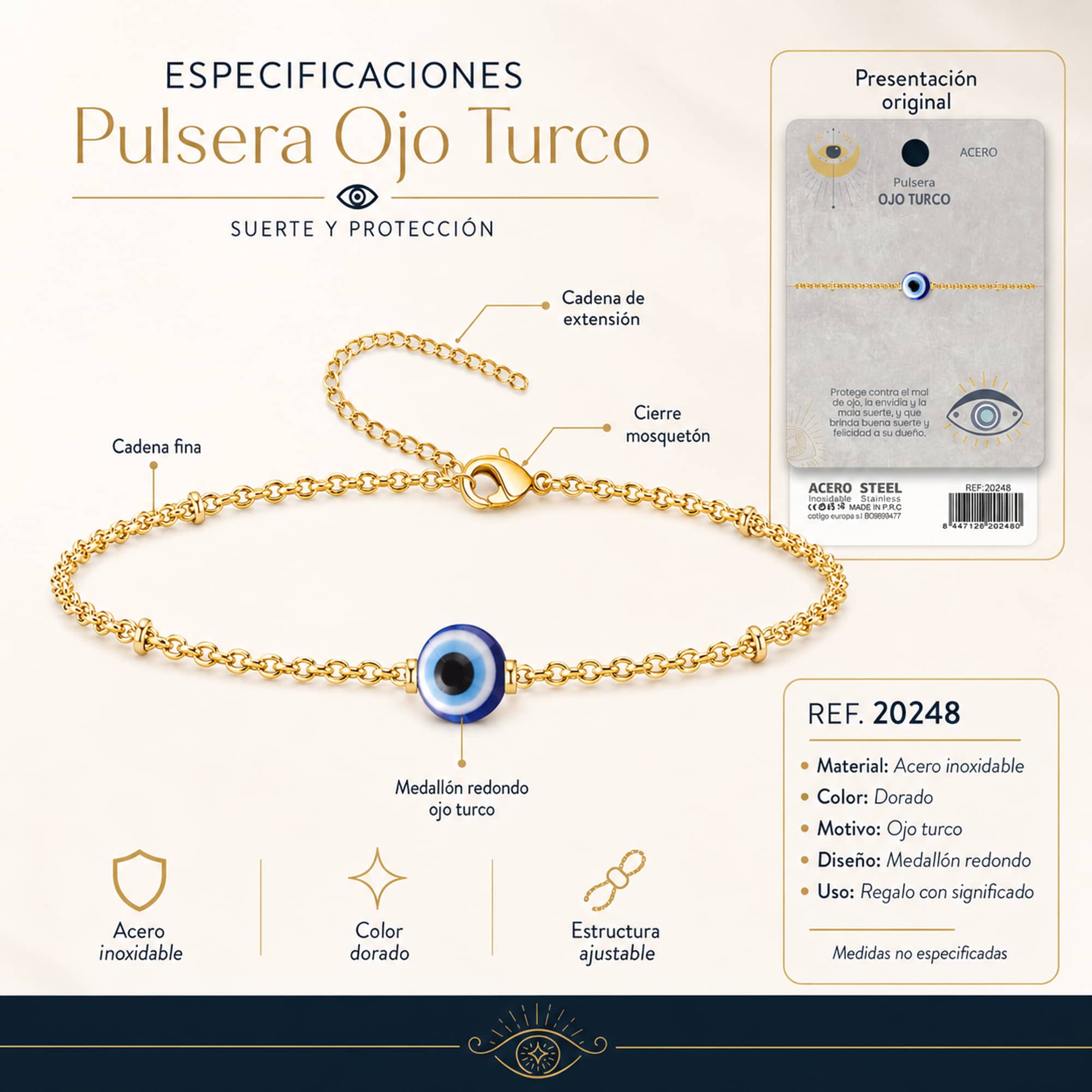 PULSERA OJO TURCO ACERO COLOR DORADO