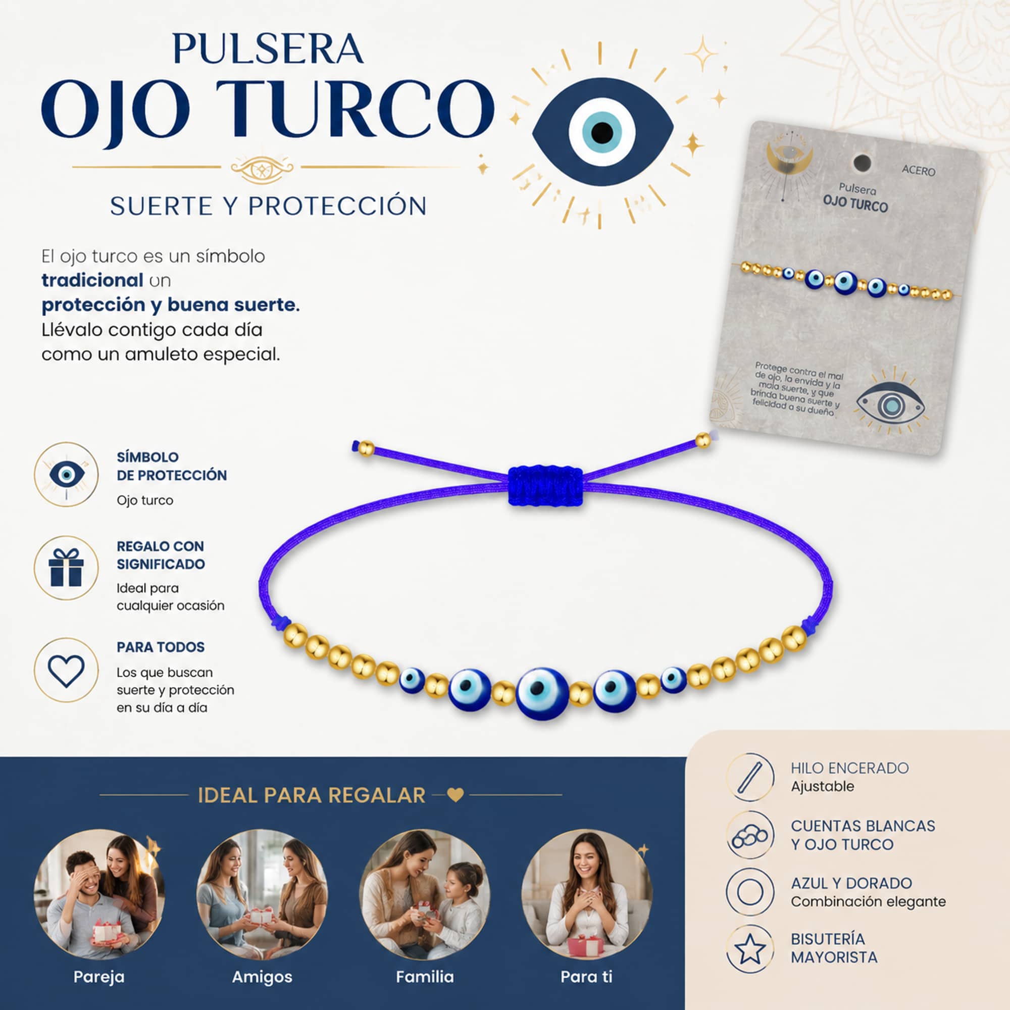 PULSERA OJO TURCO ACERO CON CORDON HILO ENCERADO