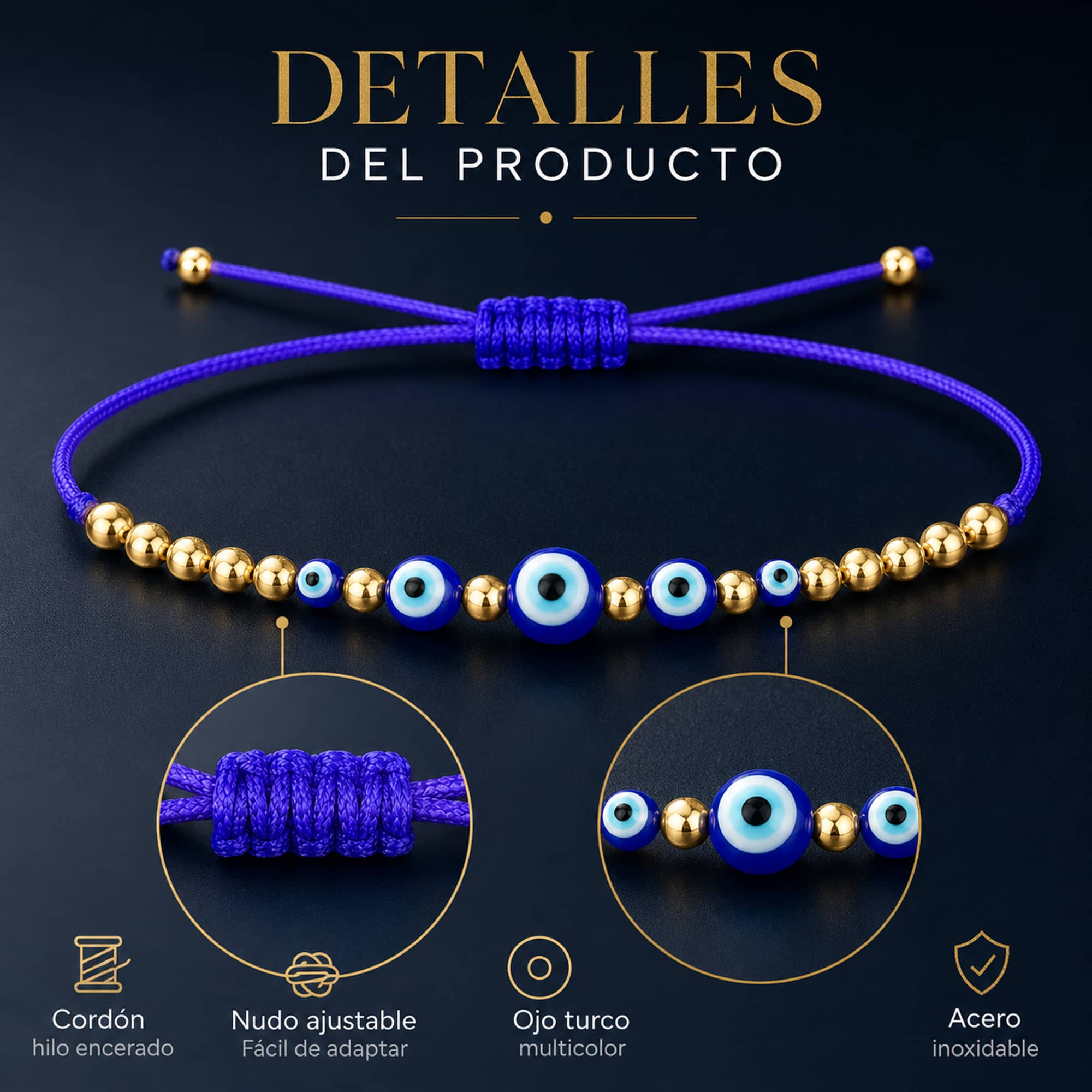 PULSERA OJO TURCO ACERO CON CORDON HILO ENCERADO