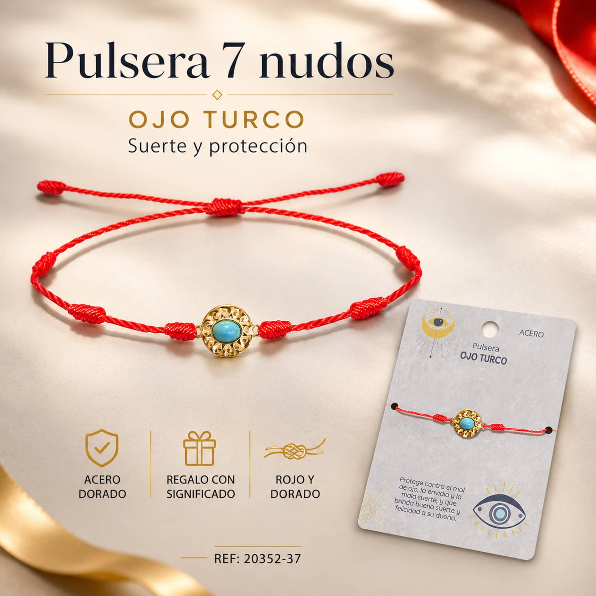 Pulsera 7 nudos con Ojo turco Acero Dorado