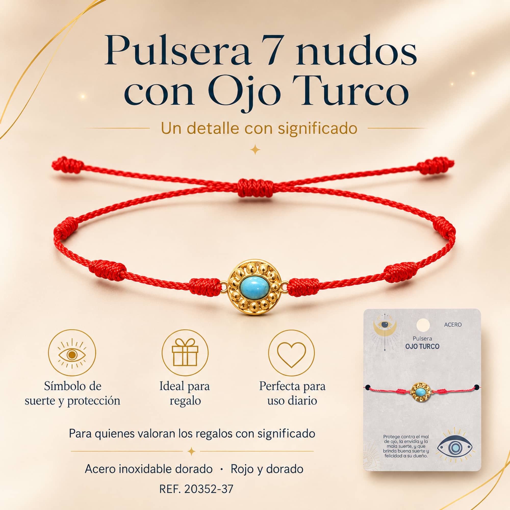 Pulsera 7 nudos con Ojo turco Acero Dorado