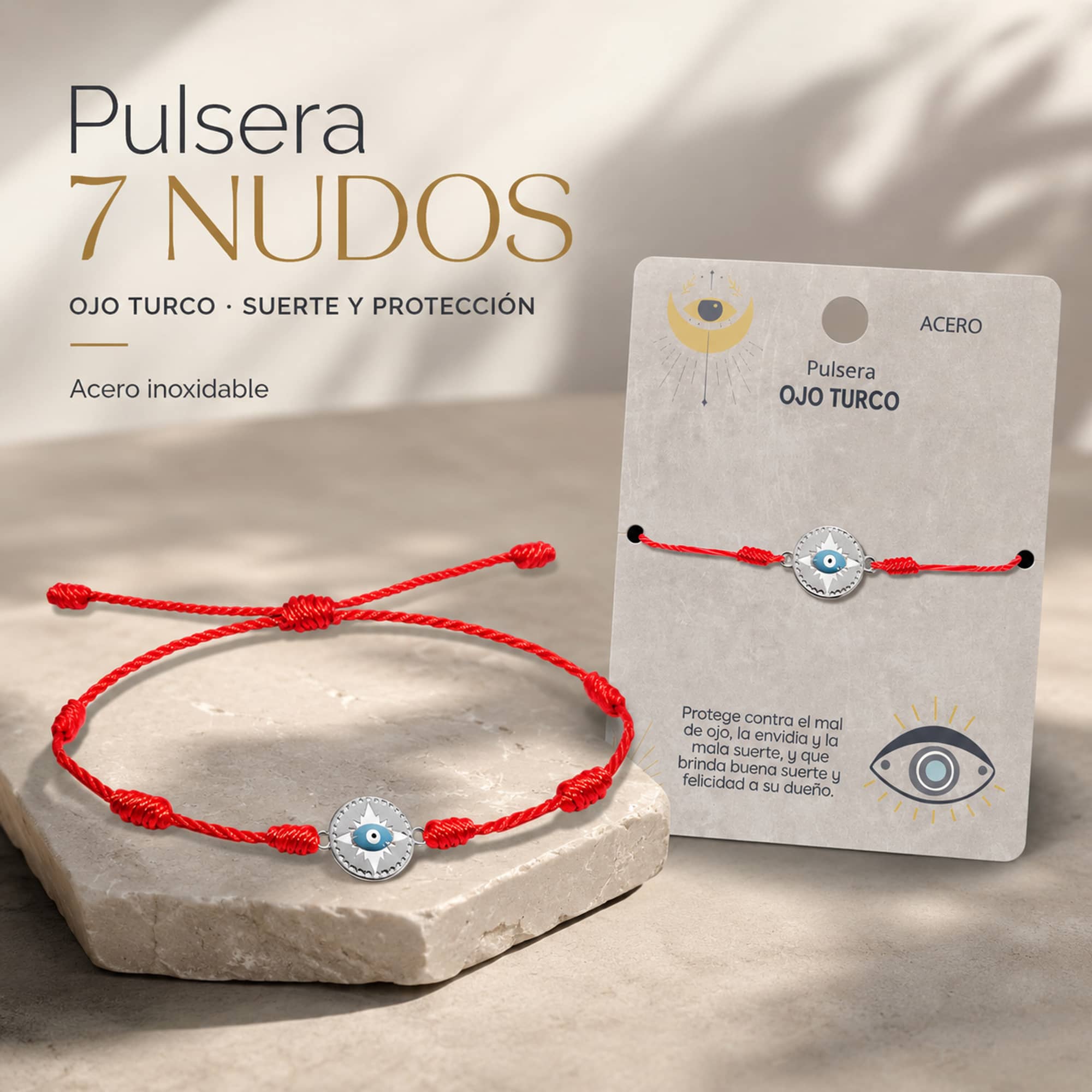 Pulsera 7 nudos con Ojo turco Acero Plateado