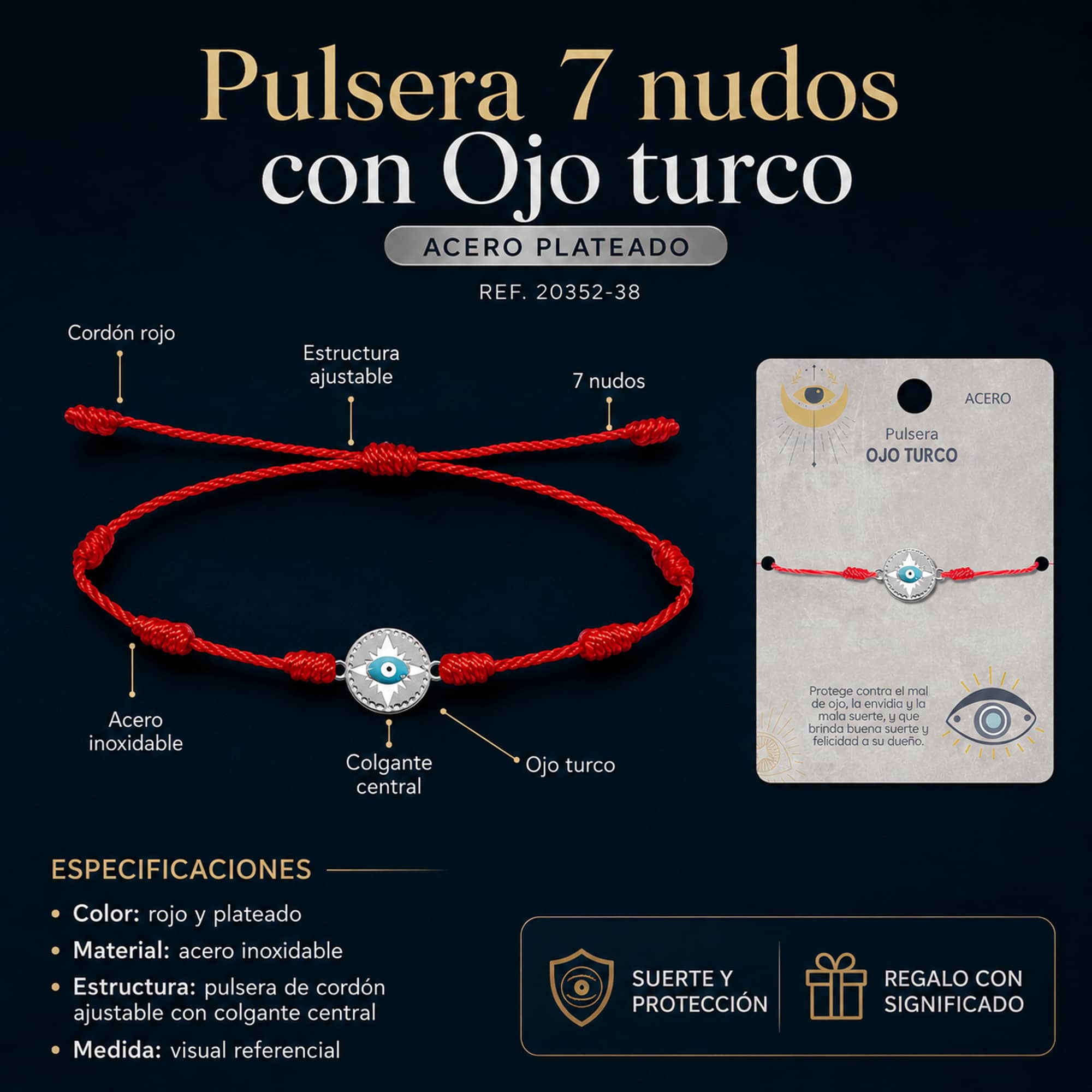 Pulsera 7 nudos con Ojo turco Acero Plateado