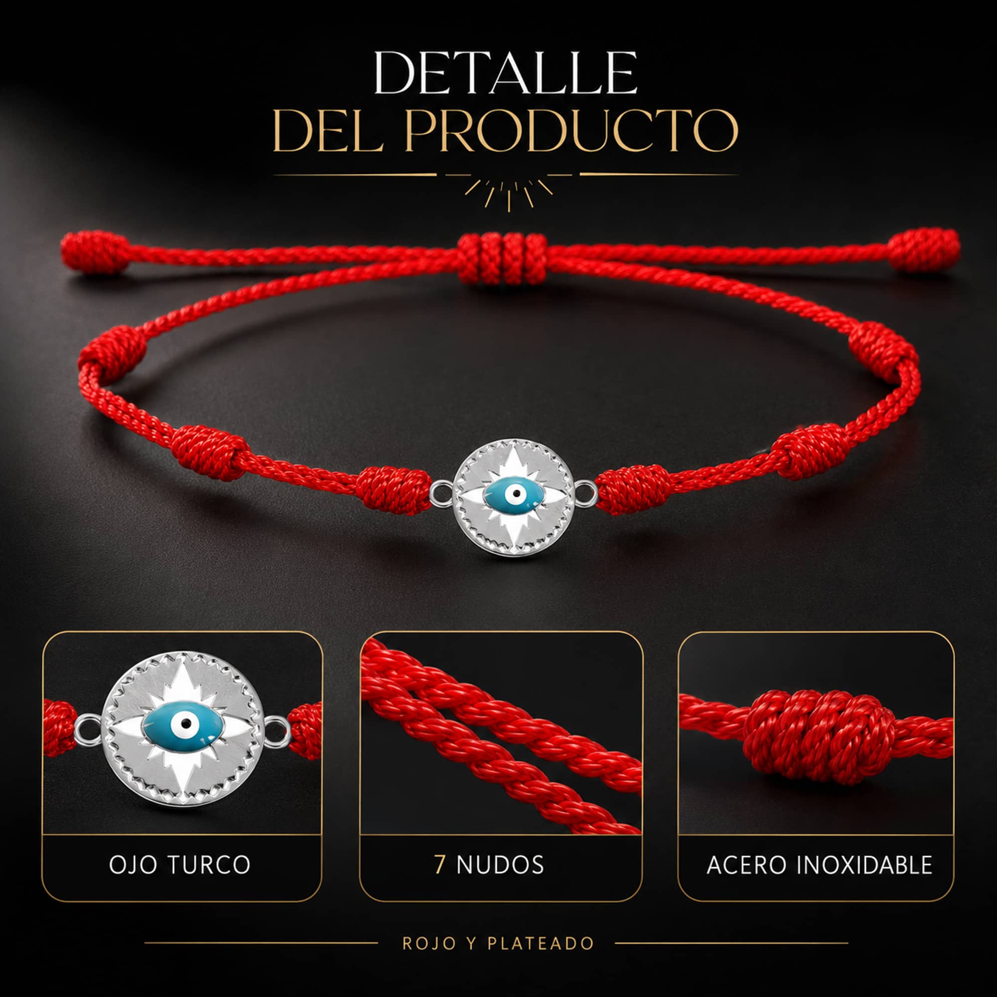 Pulsera 7 nudos con Ojo turco Acero Plateado