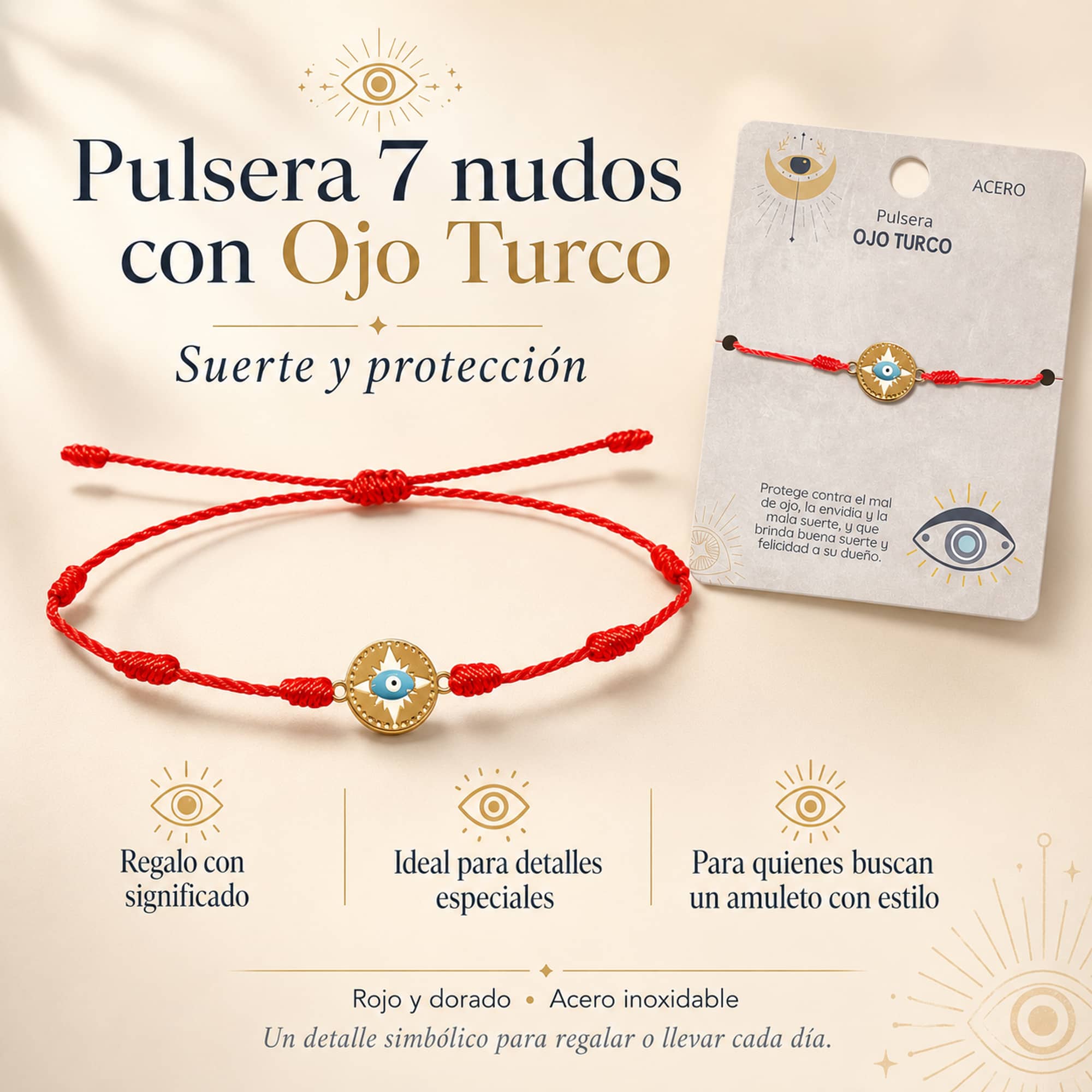 Pulsera 7 nudos con Ojo turco Acero Dorado