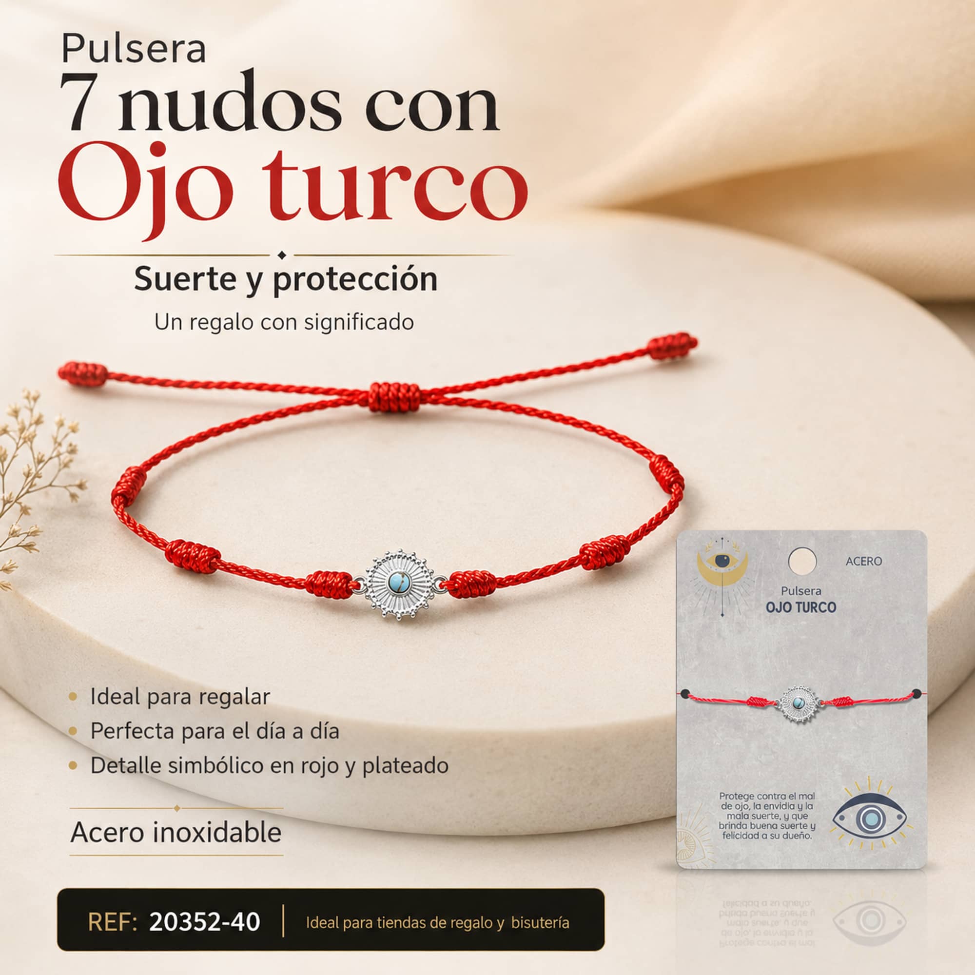 Pulsera 7 nudos con Ojo turco Acero Plateado