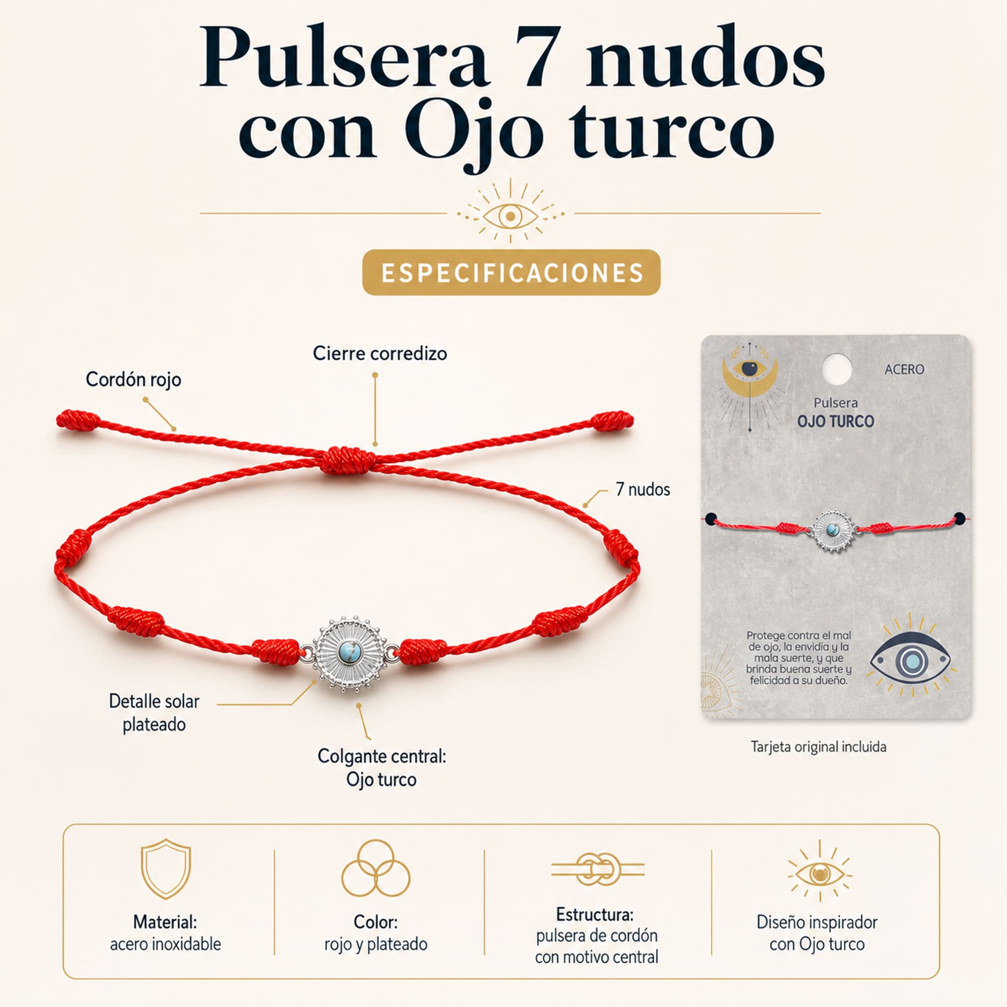 Pulsera 7 nudos con Ojo turco Acero Plateado