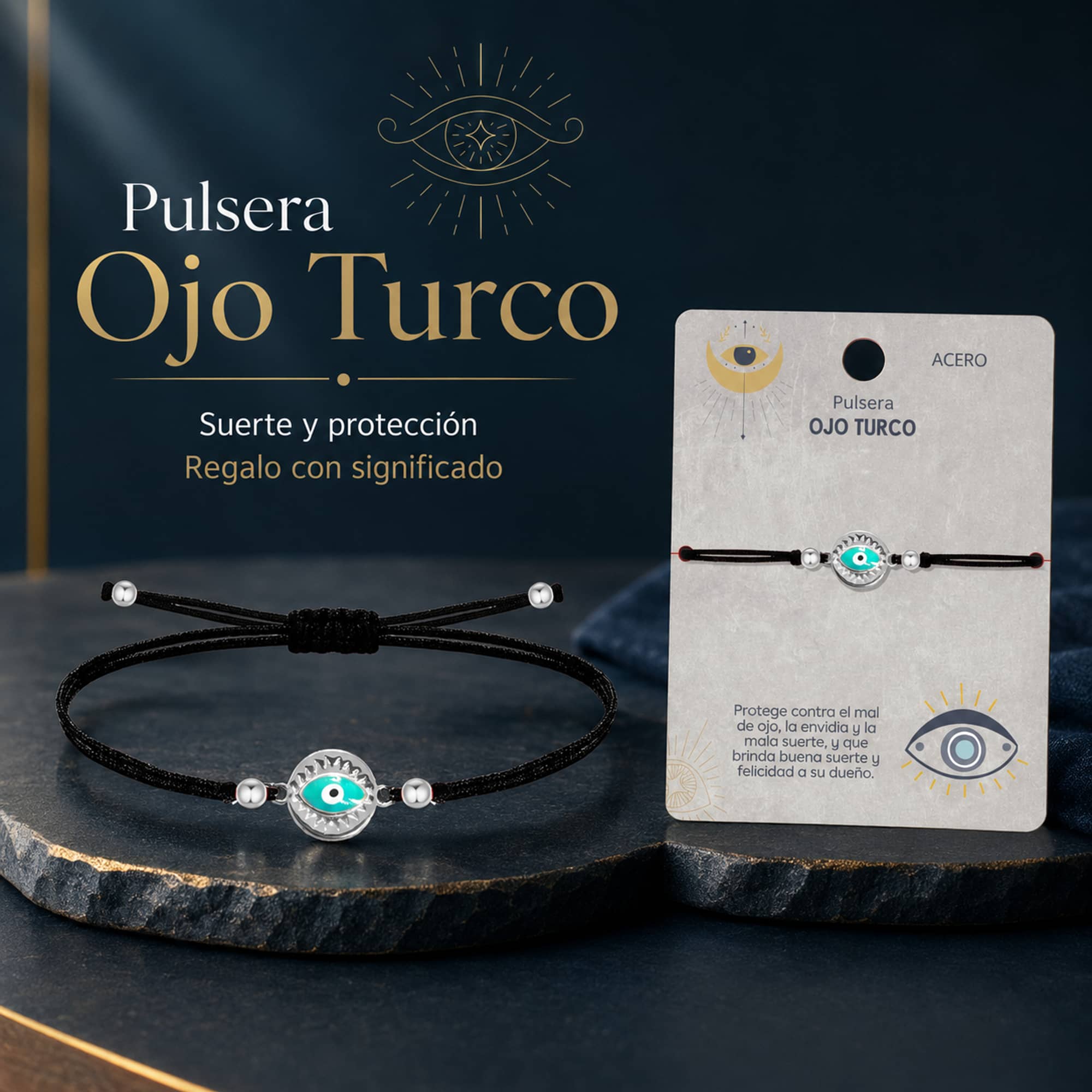Pulsera Hilo encerado Negro CON OJO TURCO Plateado