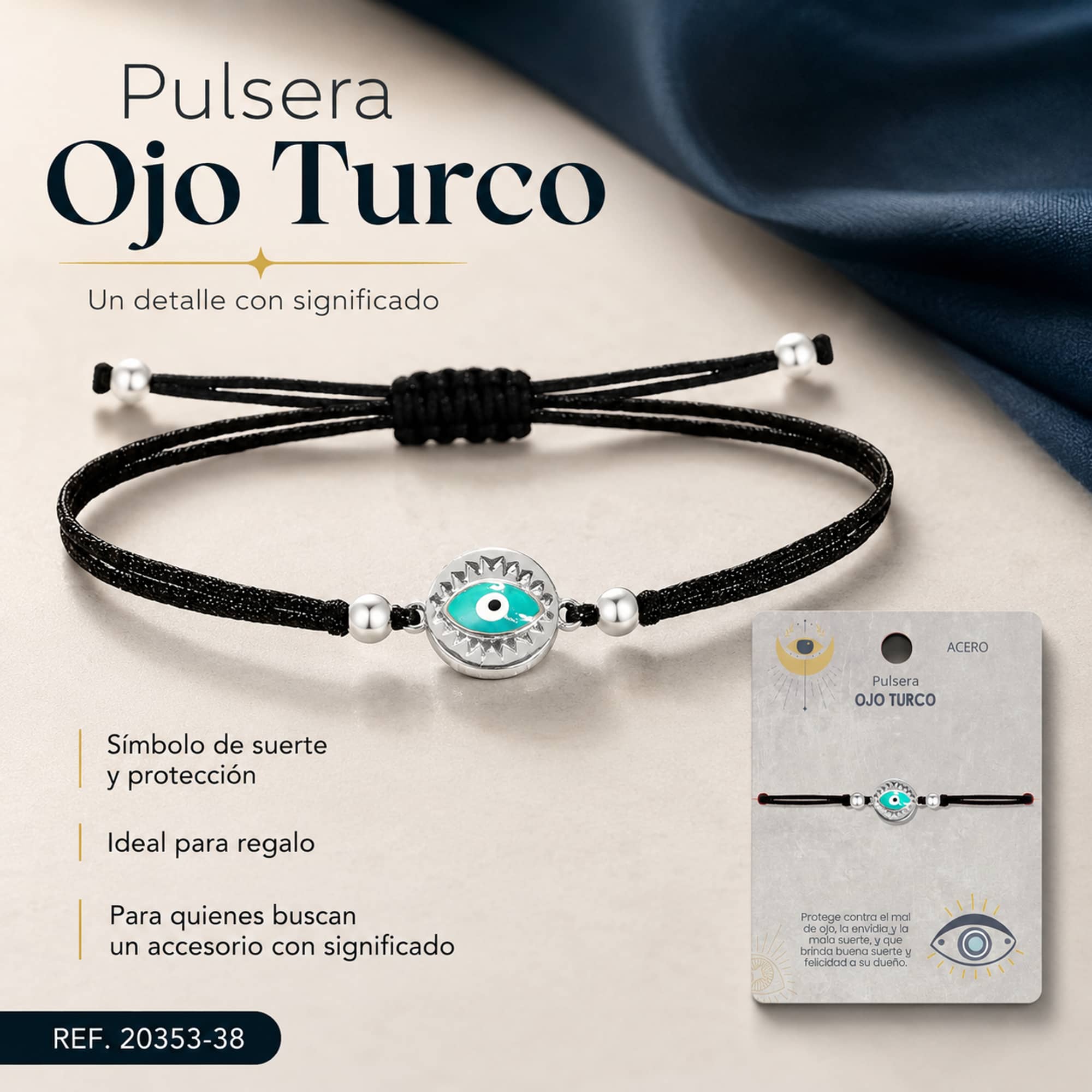 Pulsera Hilo encerado Negro CON OJO TURCO Plateado