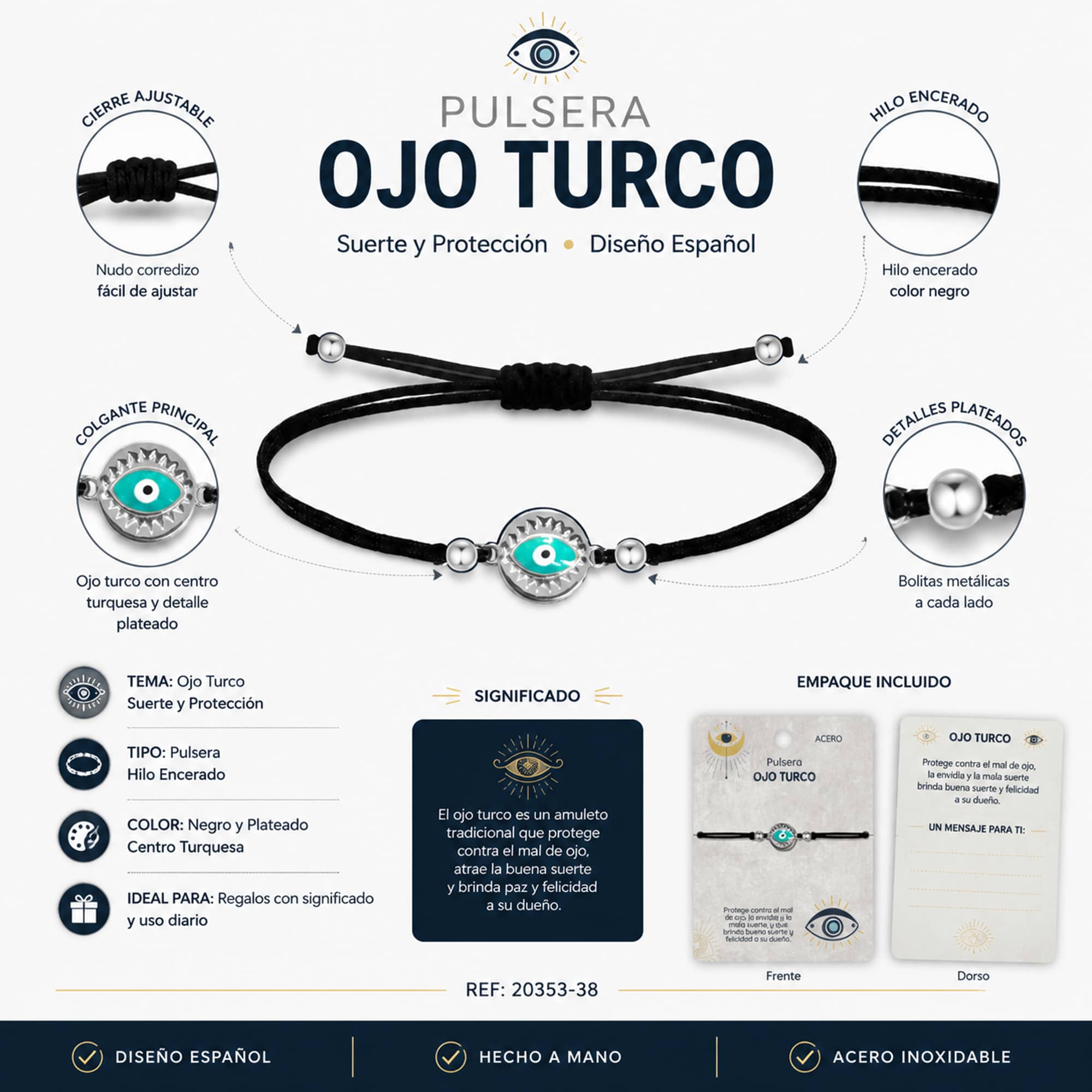 Pulsera Hilo encerado Negro CON OJO TURCO Plateado
