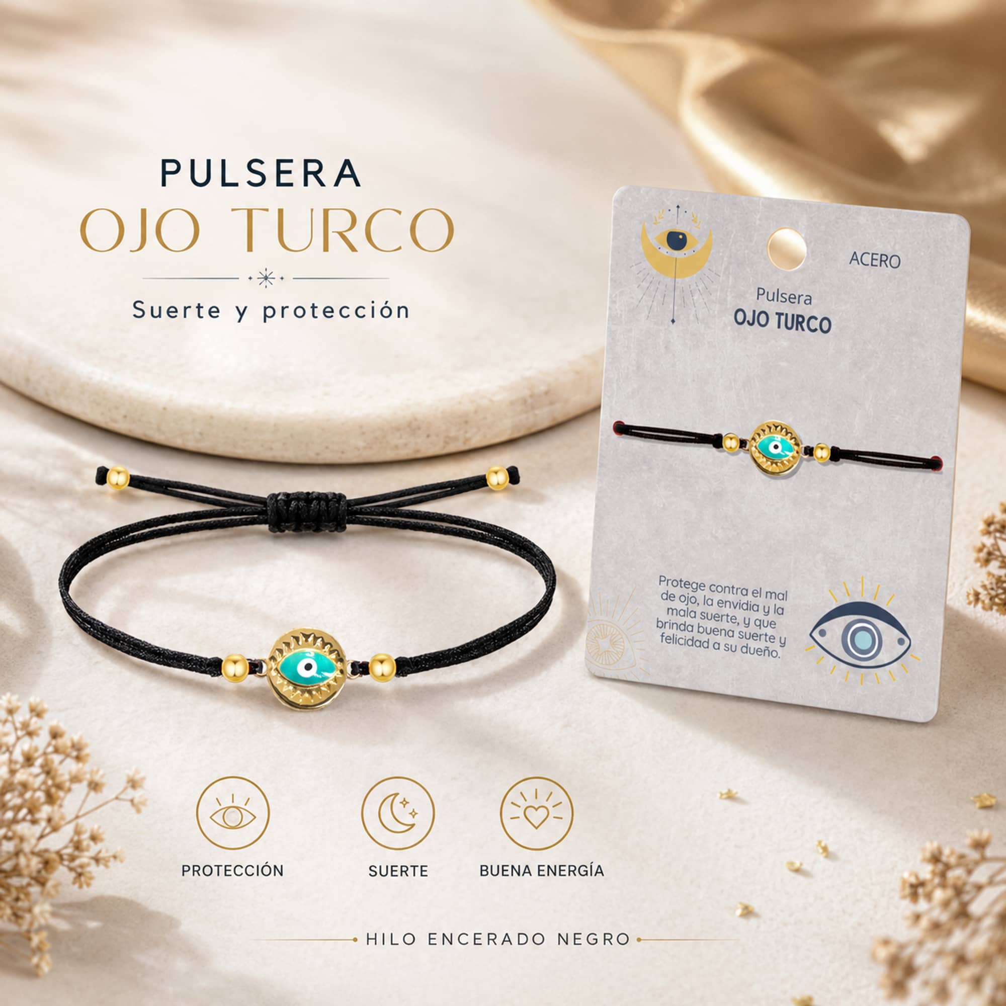 Pulsera Hilo encerado Negro CON OJO TURCO Dorado